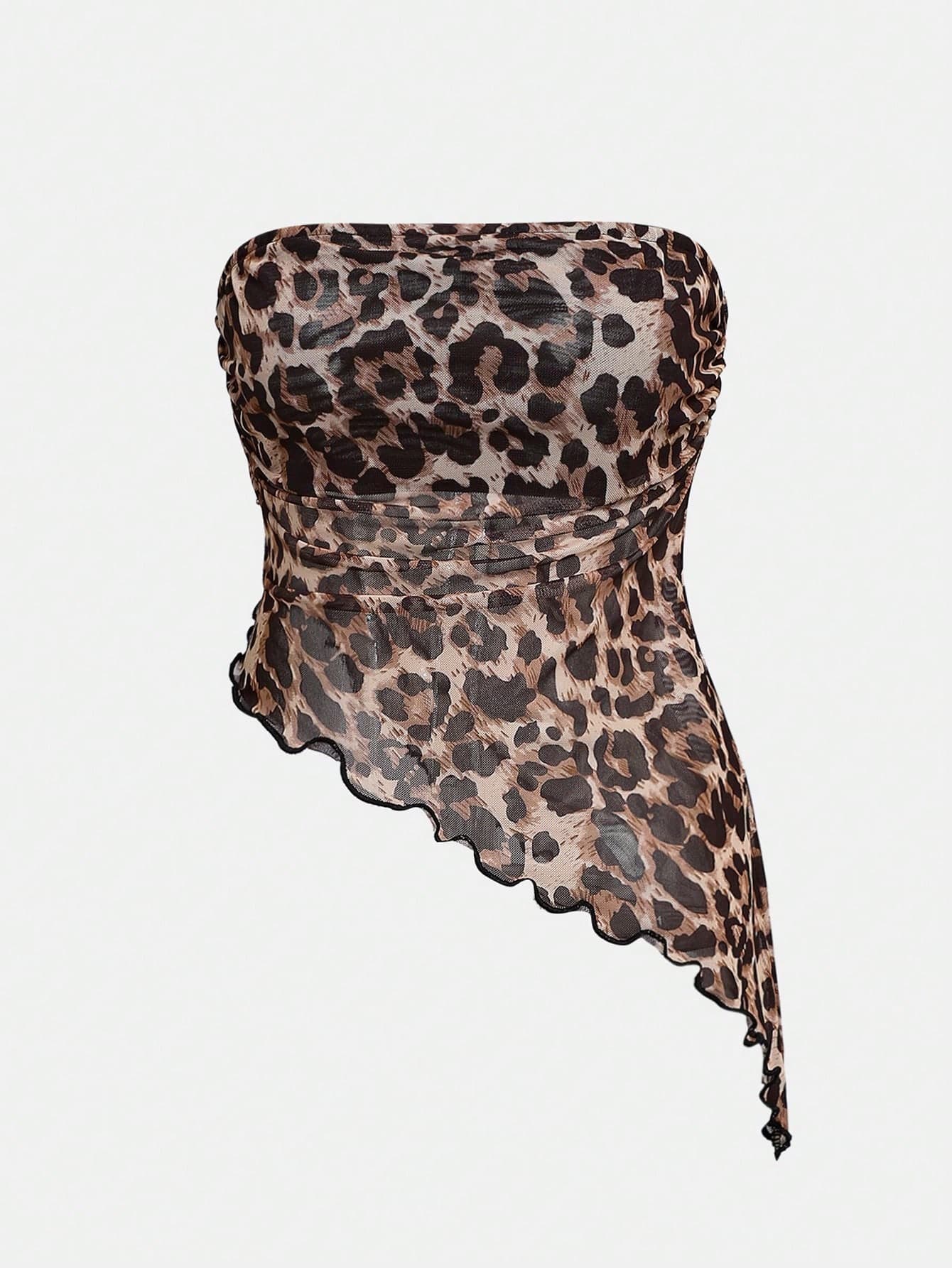 SHEIN Girlism Teen Girls Knitted Mesh Leopard Print Asymmetric Hem Camisole Tank Top