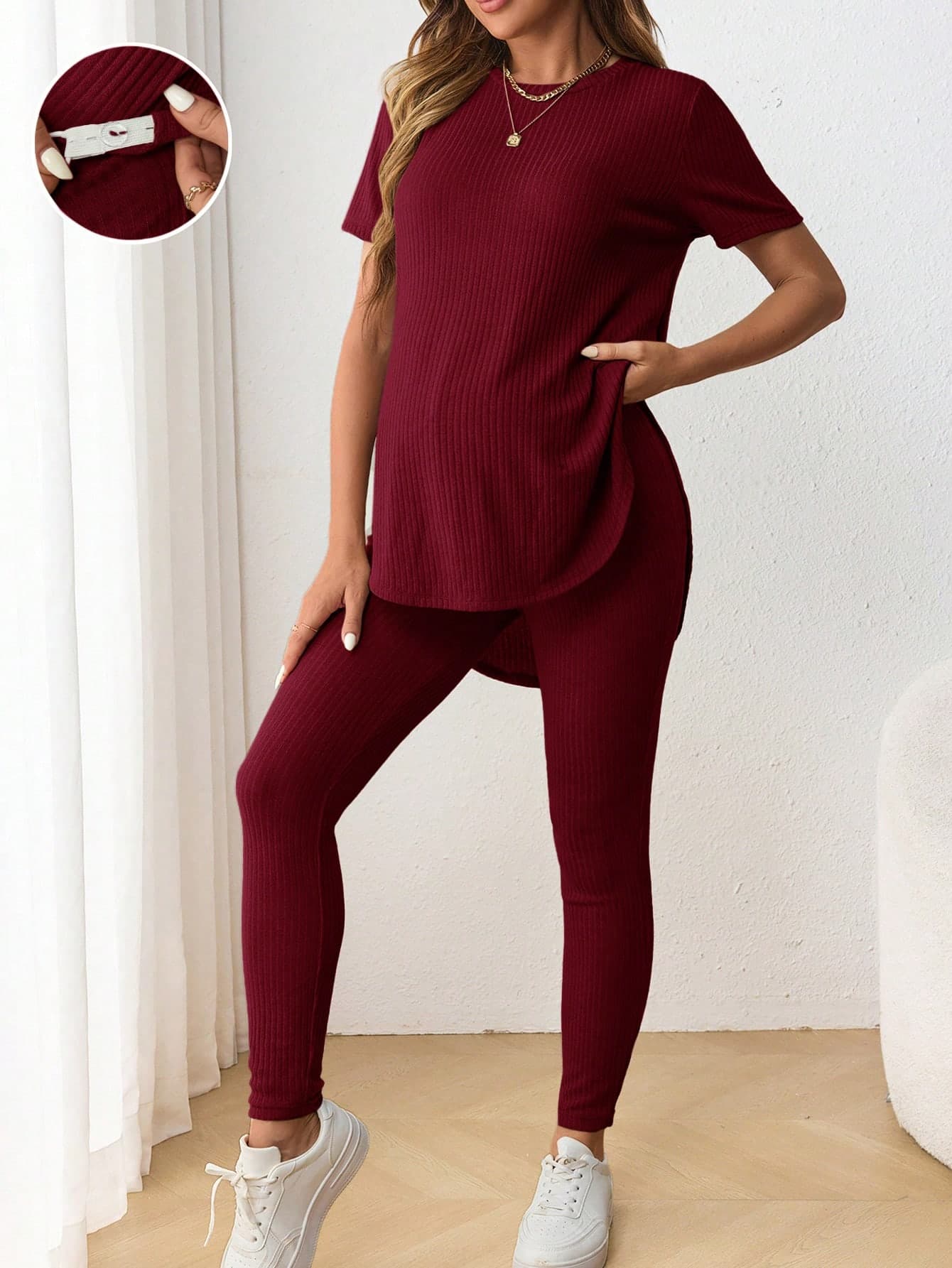 SHEIN 2pcs Maternity Casual Crew Neck Short Sleeve Side Slit T-Shirt And Elastic Waist Relaxed Pants Outfit World Cup