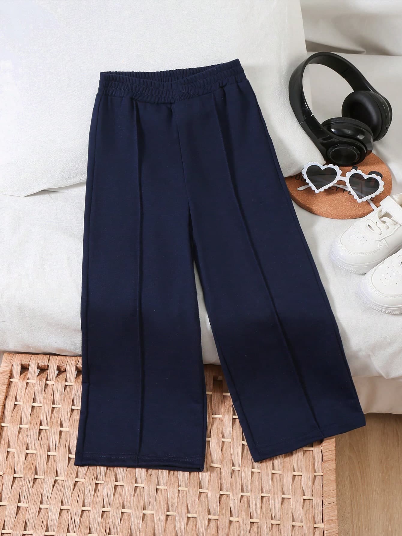 SHEIN Elladie kids Young Girl Casual Straight Leg Pants With Waist Twist Design And Elastic Waist, For Spring/Autumn Outdoor Wear