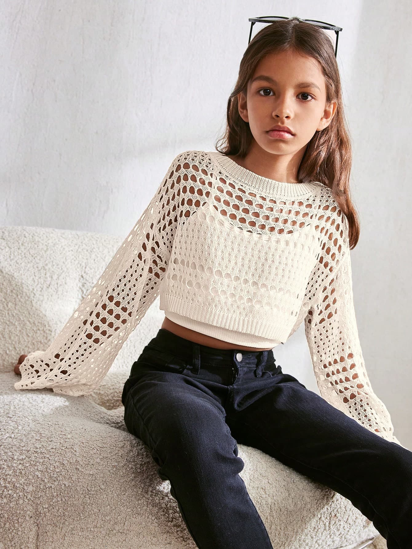 SHEIN Tween Girl Solid Color Simple Hollow Out Round Neck Pullover Hoodie,In Fall/Winter