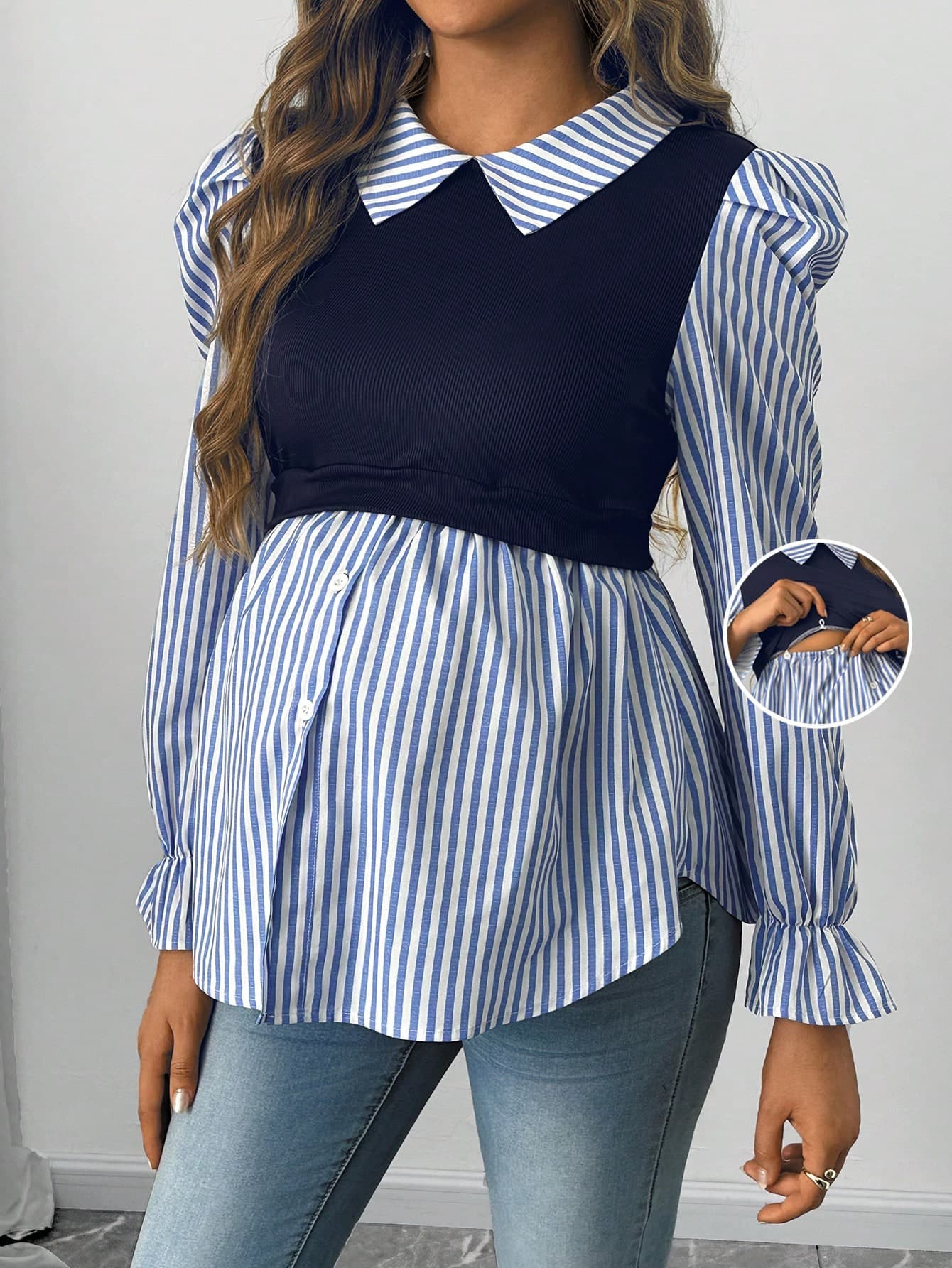 SHEIN Maternity Spring/Autumn Casual Stripe Patchwork Puff Sleeve 2 In 1 Nursing Shirt Fall