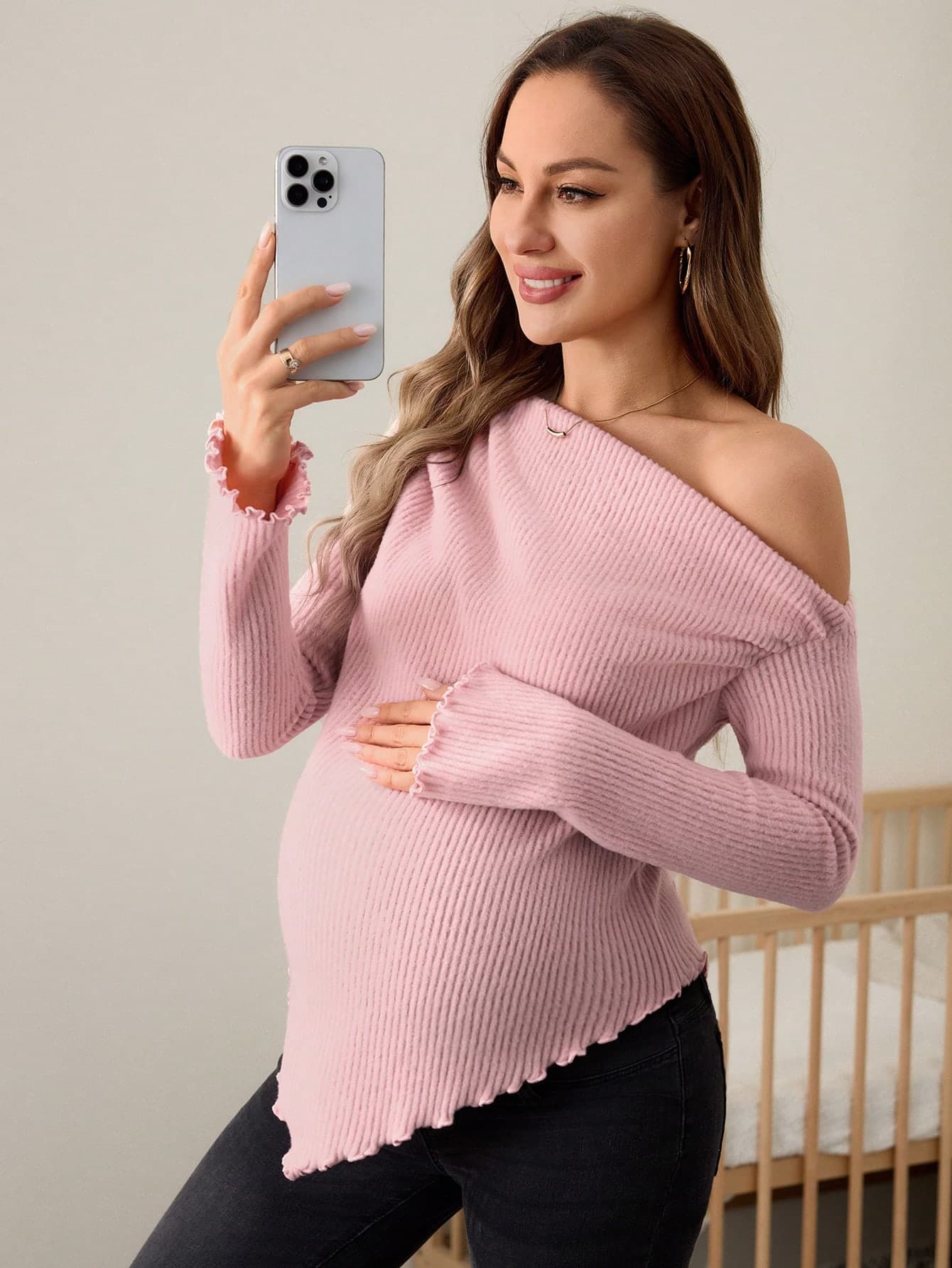 SHEIN Maternity Asymmetric Neck Lettuce Hem Ruched Long Sleeve T-Shirt, Autumn & Winter Fall