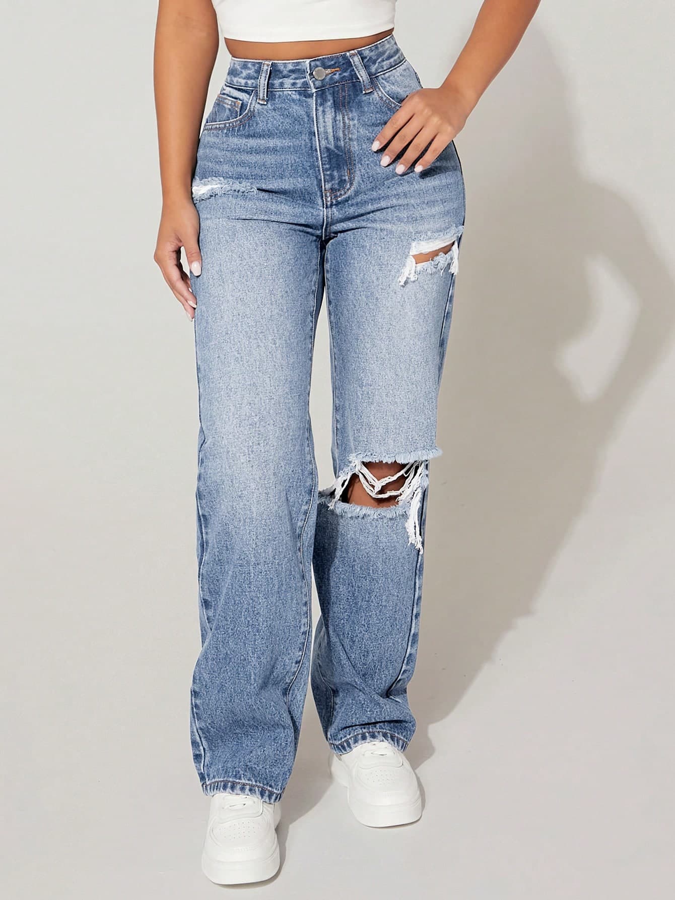 SHEIN PETITE Front Buttoned Multi-Pocket Distressed Casual Denim Jeans ,Petite Women