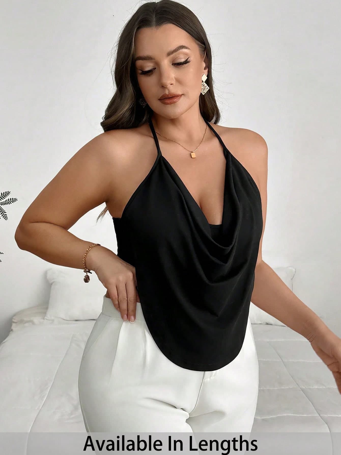 SHEIN PETITE CURVE Plus Size Sexy Solid Color Spaghetti Strap Top,Summer,Valentine,Carnival Costume For Women,Party,Beach,Summer Holiday,Black Top