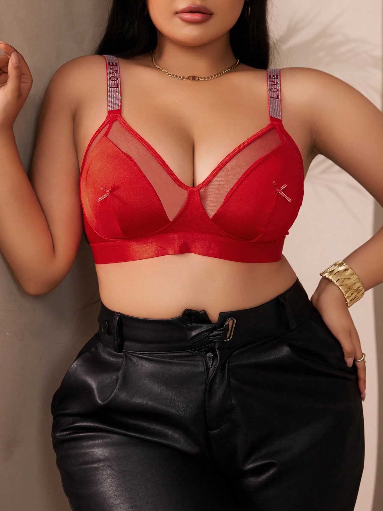 1pc Plus Size Bowknot Shoulder Strap Rhinestone Decor Wireless Bra