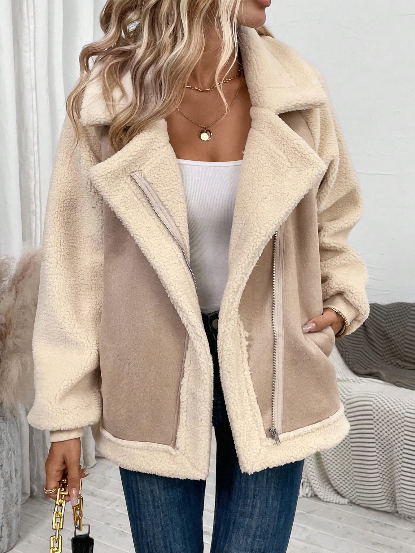 SHEIN LUNE Plus Size Women's Colorblock Lapel Long Sleeve Casual Motorcycle Jacket For Fall & Winter Winter Clothes