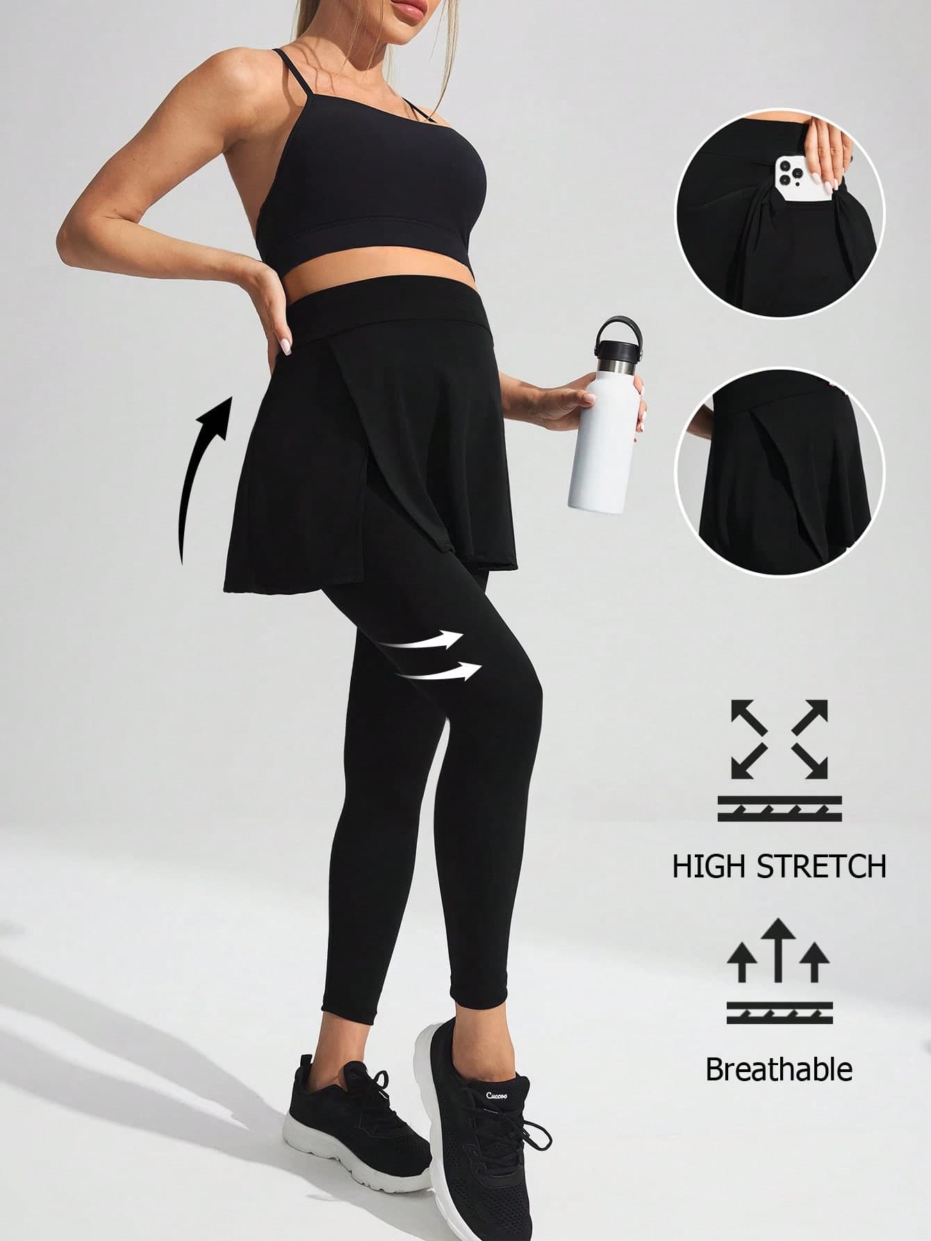 SHEIN Maternity Black Summer Casual Gym Skirt-Style 2-In-1 Pocketed Skirt Leggings,24-Inch FeatherFit™ Seamless Yoga Pilates Athletic For Expectant Mothers,Word Cup