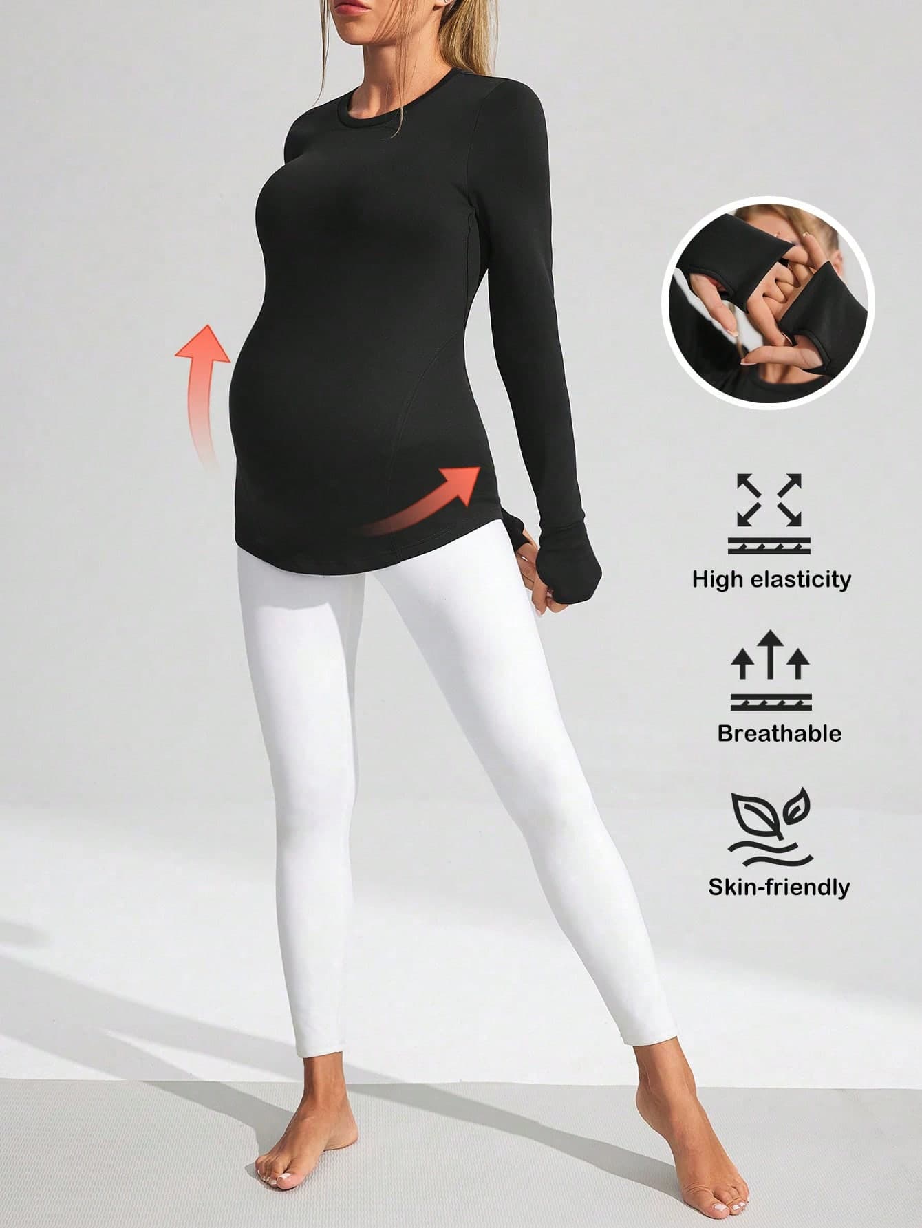 SHEIN Black Maternity Autumn Casual Photoshoot,Pregnancy Pilates Supportive Curved Waist Top,Seamless Yoga Activewear,Low-Impact Snug Fit Workout Clothes