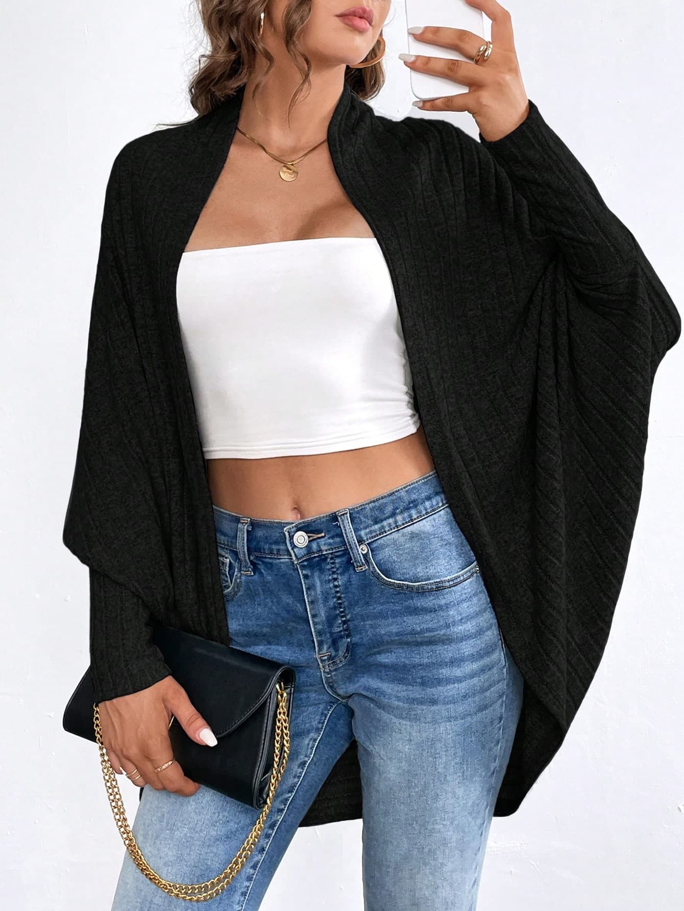 Shapeblank Plus Size Women's Black Autumn Casual Tops,Business Fashion Homecoming Fall Clothes,Commuter Brushed Solid Loose Buttonless Bat Cardigan Fall/Winter