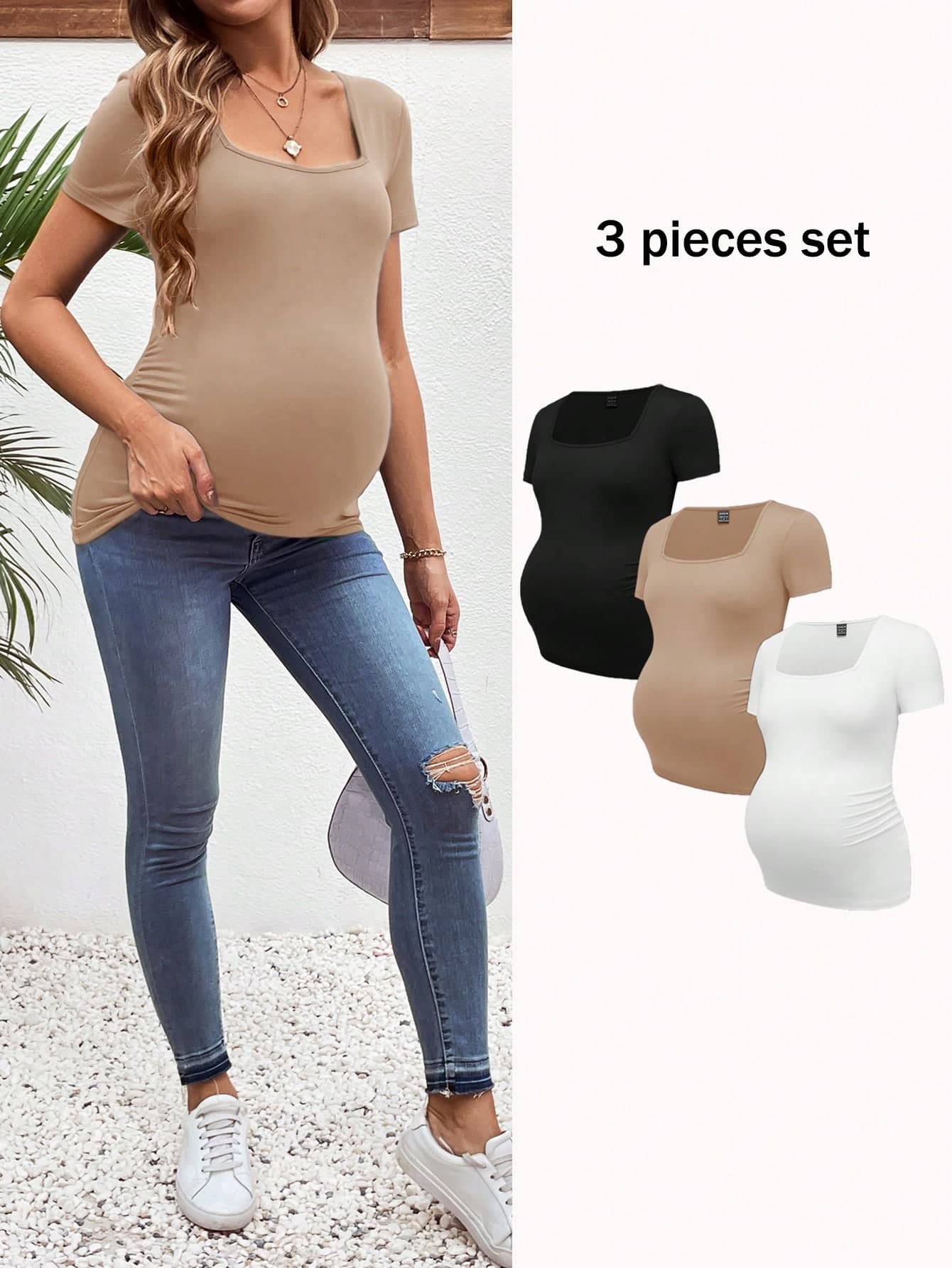 SHEIN 3pcs Maternity Casual Simple Black White & Gray Square Neck Short Sleeve Fitted Pregnancy Tops, Summer World Cup