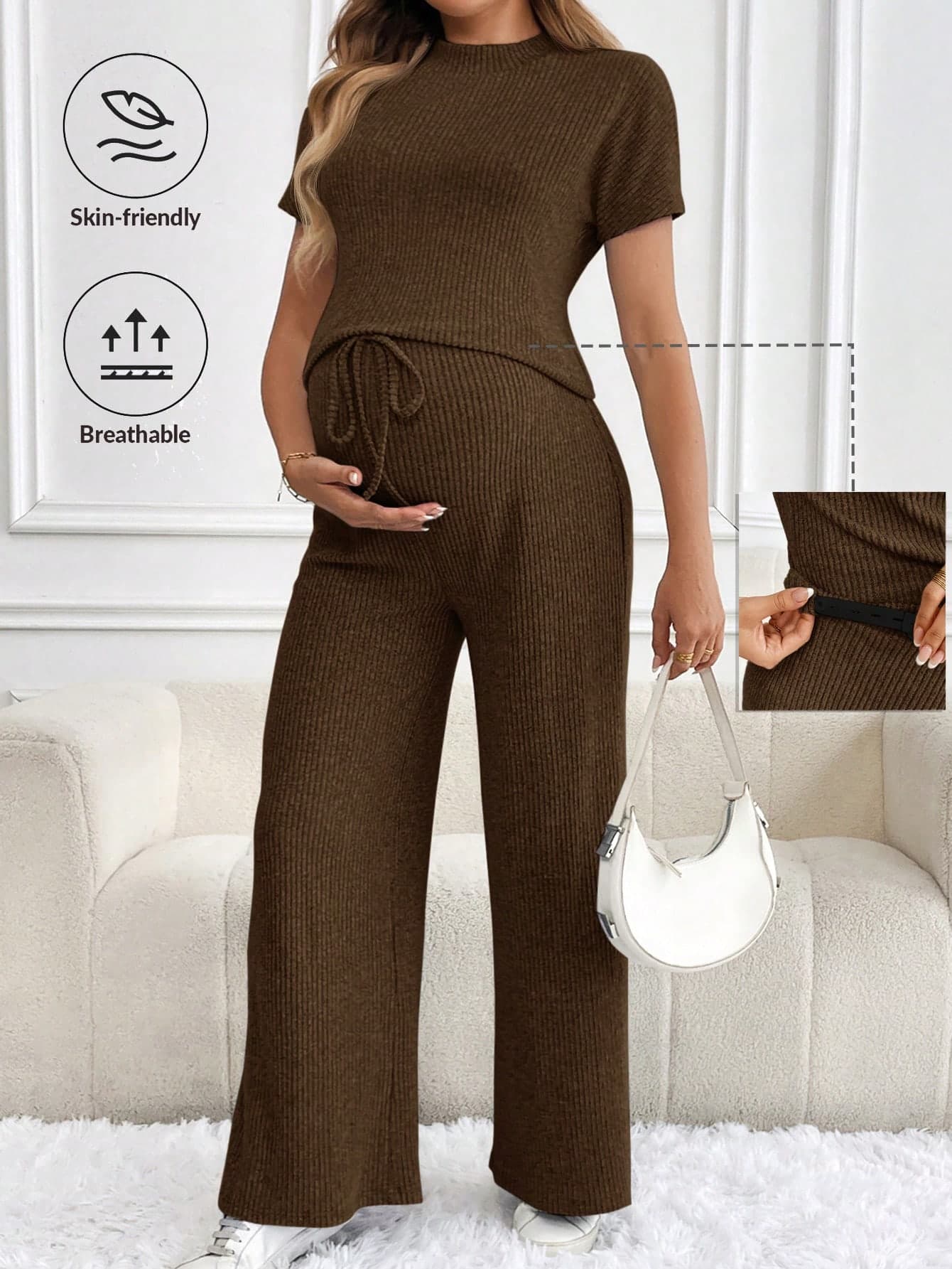 SHEIN 2pcs Maternity Solid Color Short Sleeve Shirt & Tie Waist Pants Casual Outfit Set, Spring Summer