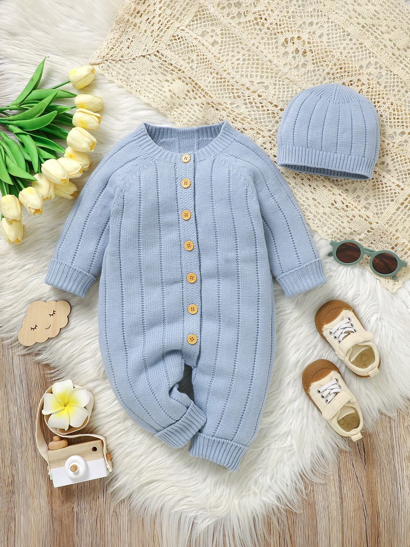 Newborn Baby Boy Solid Color Front Button Long Sleeve Simple Casual Sweater Romper