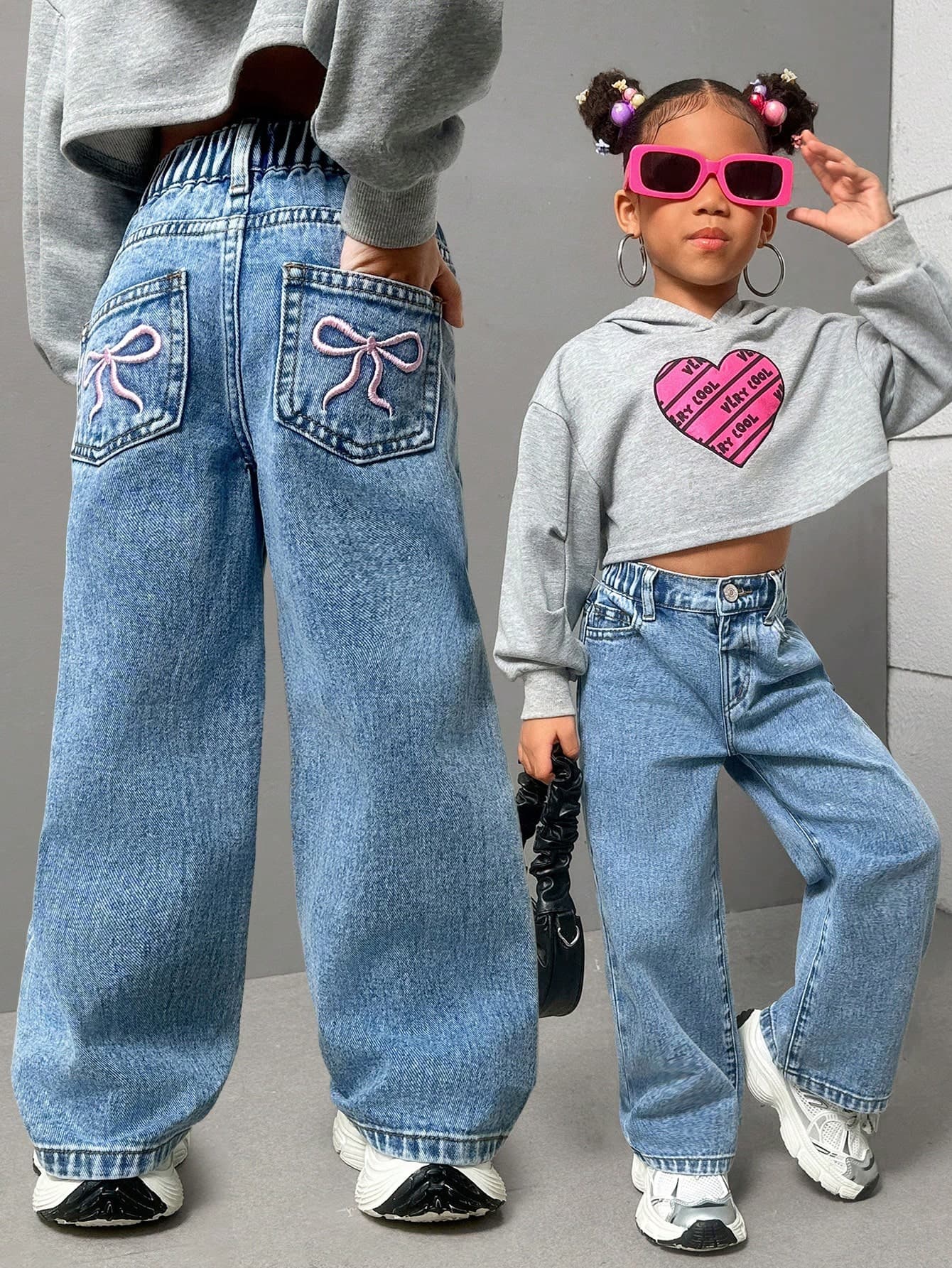 SHEIN Young Girls New Casual Fashion Back Pocket Embroidered Washed Straight Leg Denim Jeans, School, Campus, College