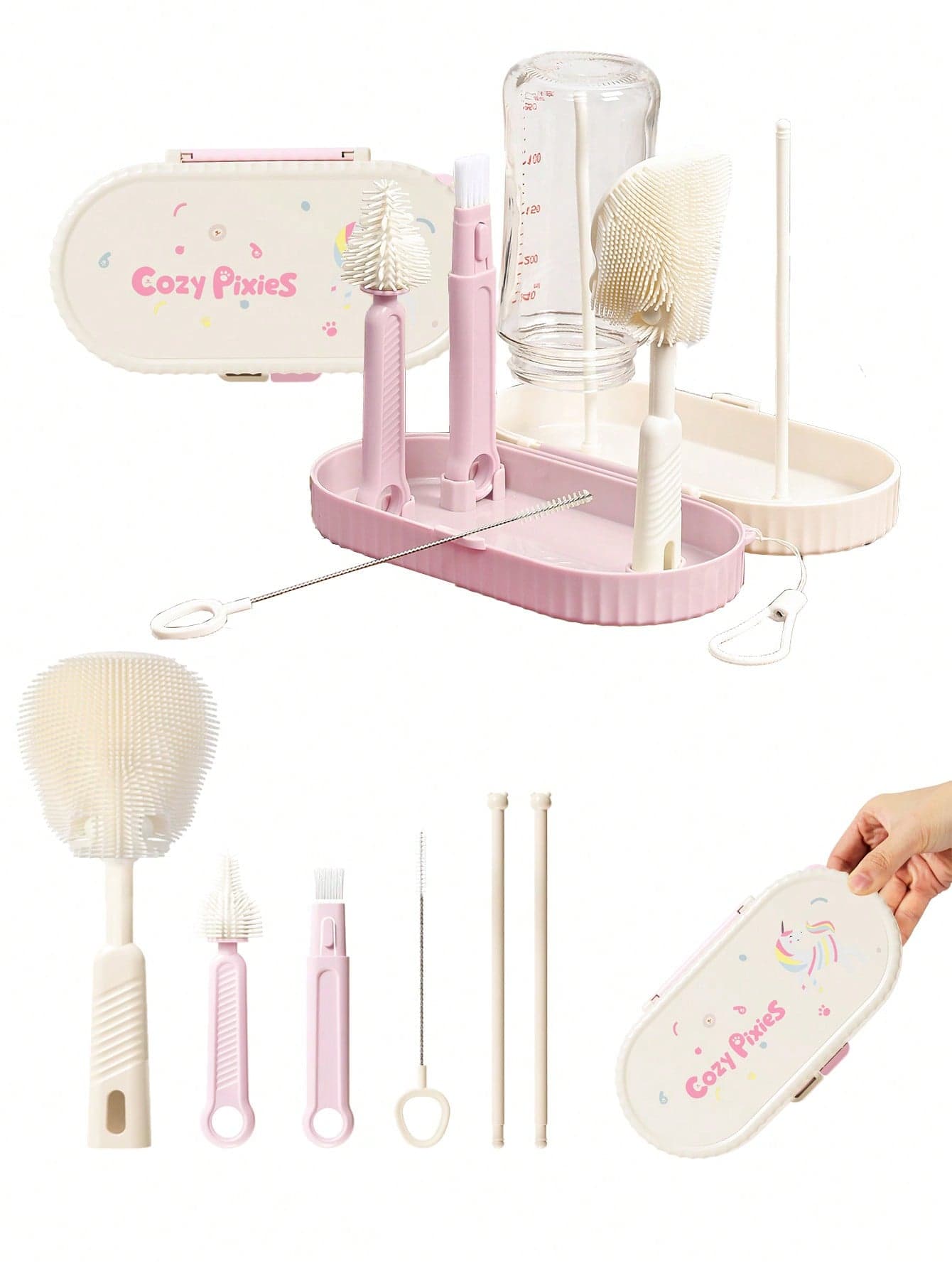 Cozy Pixies Baby Bottle Feeding Accessories Portable Unicorn Pink Bottle Brush Set
