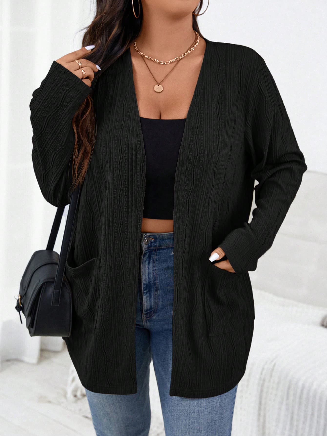 SHEIN Essnce Plus Size Women's Elegant Jacquard Cardigan Jacket, Long Sleeve, 2 Pockets, Business Casual, Autumn/Winter Fall