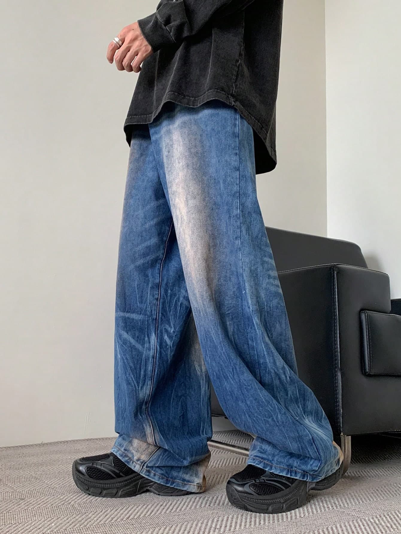 Manfinity EMRG Men's Navy Blue Vintage Washed Loose Wide-Leg Casual Jeans