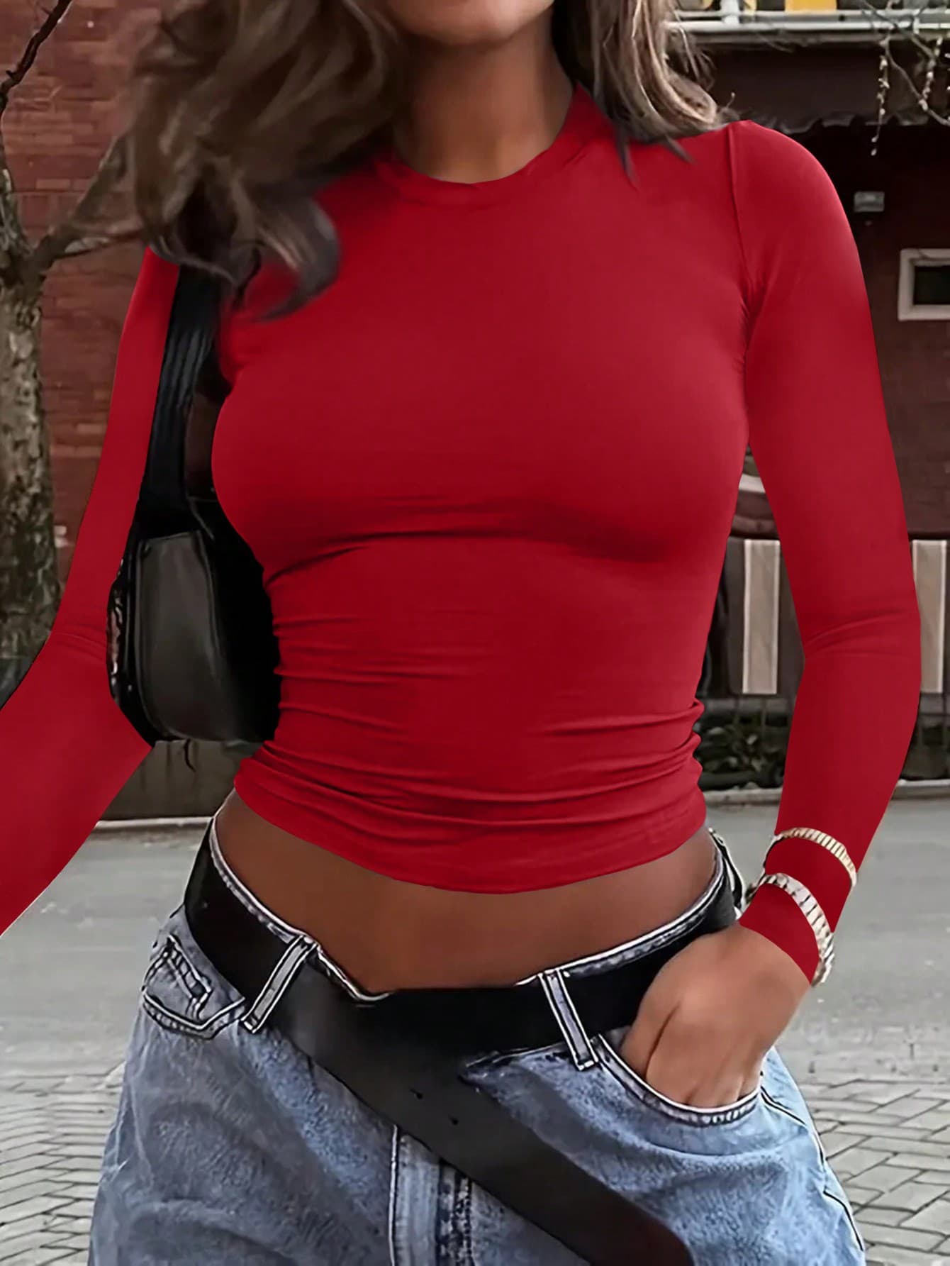 INAWLY Solva Women's Solid Color Crew Neck Long Sleeve Cropped Fitted T-Shirt, Spring And Summer Women Tops For Spring Fall