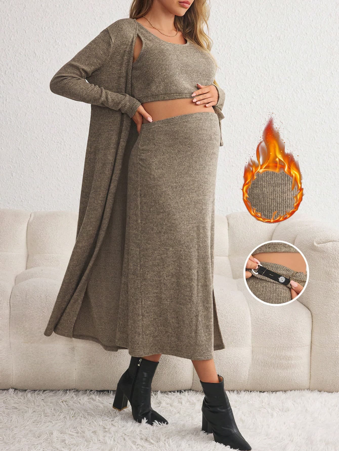 SHEIN Three-Piece Maternity Set - Long-Sleeved Cardigan And Adjustable Waist Skirt, Solid Color, Autumn Style