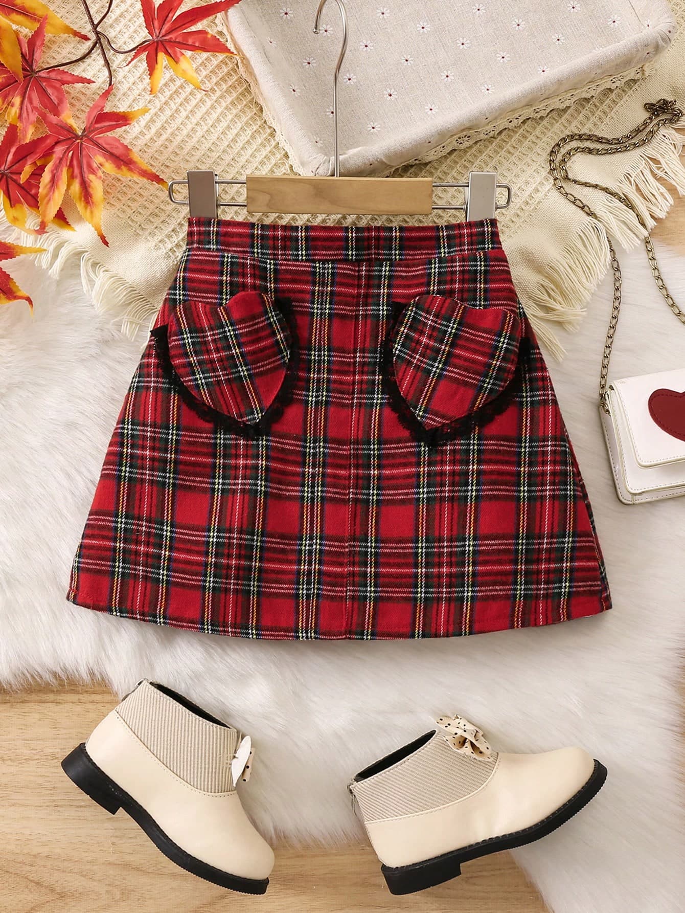 Christmas Young Girl Elegant Red Plaid Fabric Heart-Shaped Pocket A-Line Skirt