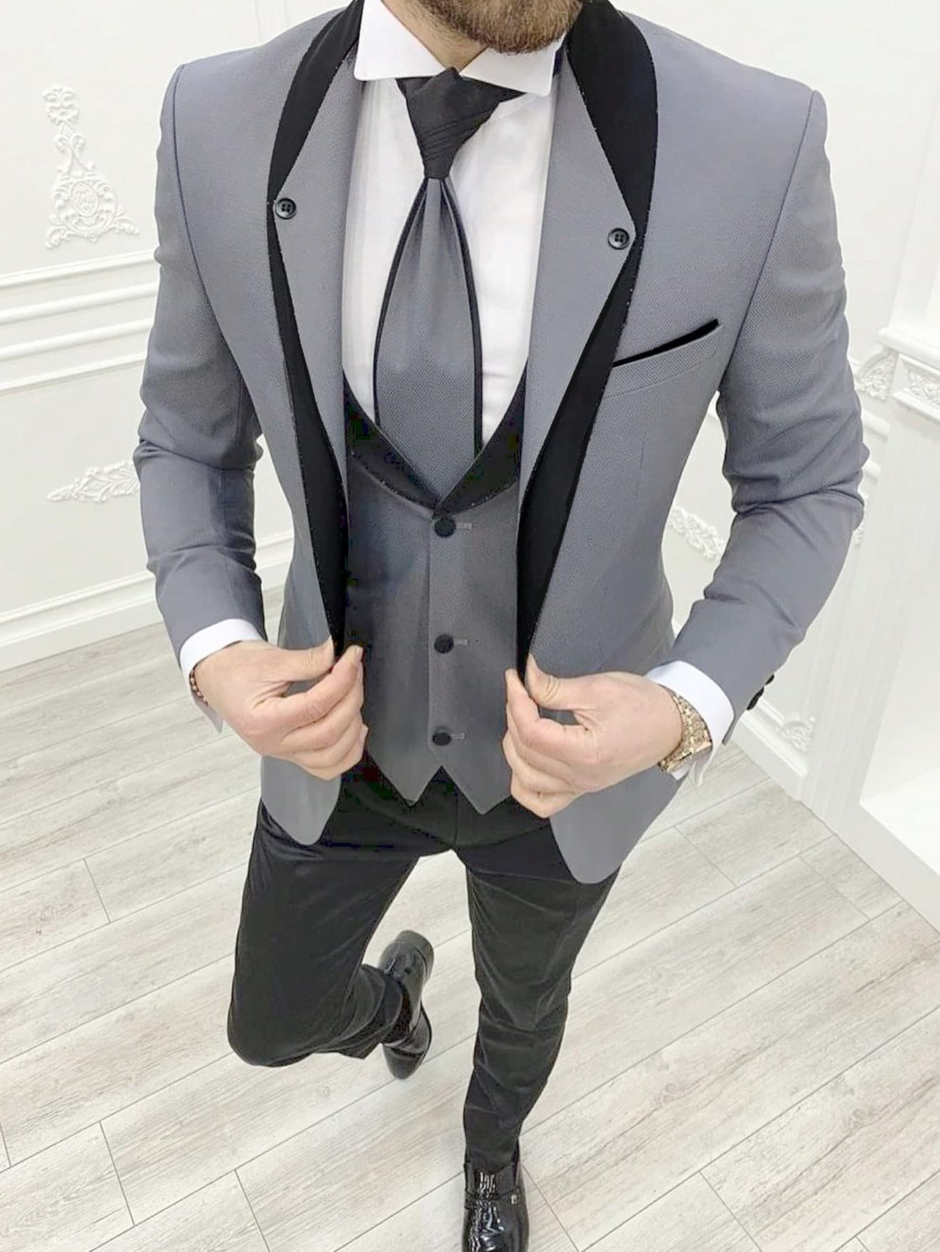 Calvornis 2pcs Men's Casual Contrast Color Lapel Collar Long Sleeve Blazer Jacket And Pants Set, Spring Autumn,Gifts For Boyfriend