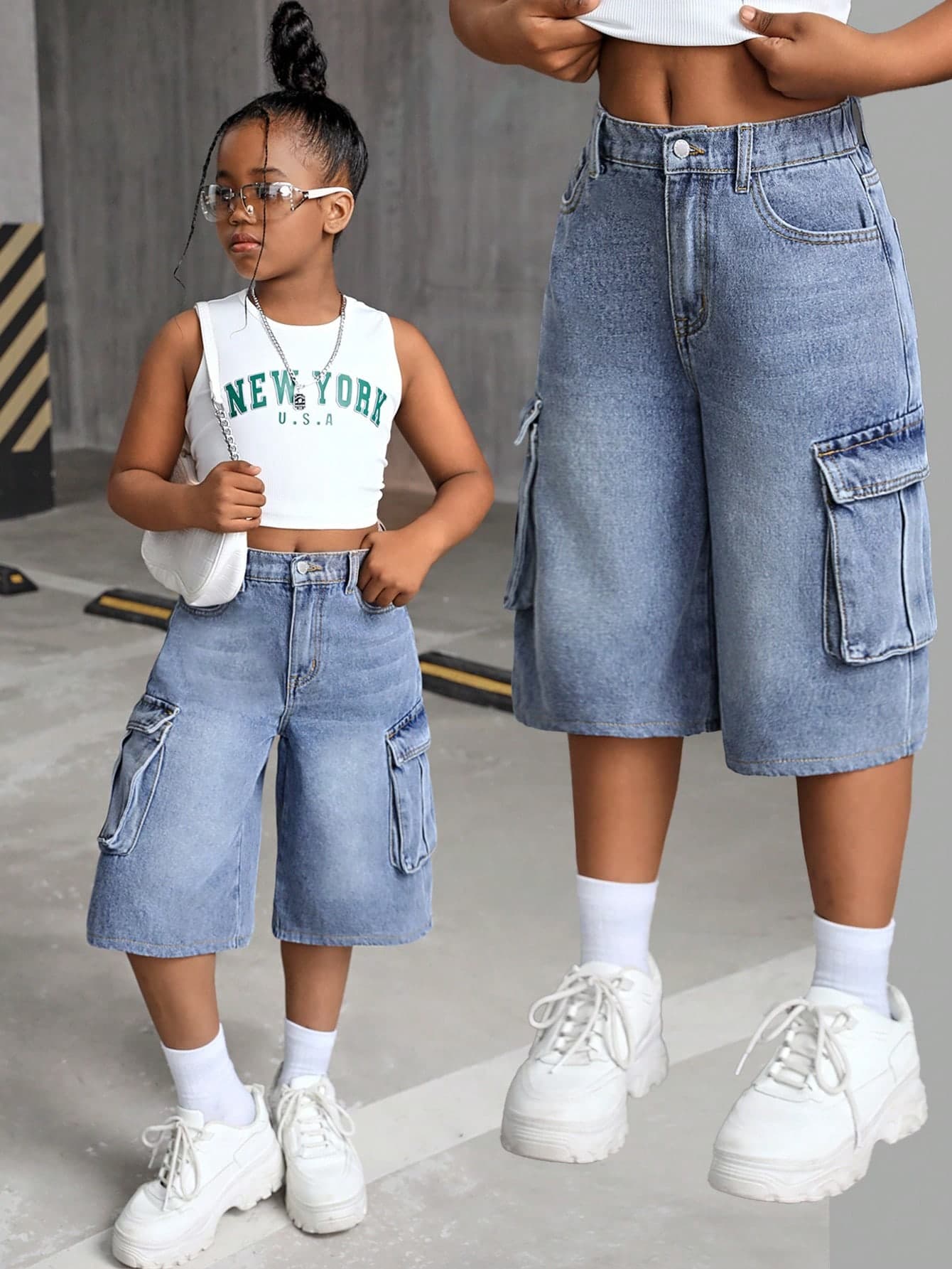 SHEIN SLAYR KIDS Tween Girl Y2K Fashion Retro Stonewashed Flap Pocket Baggy Denim Cargo Jeans, Fall Back To School