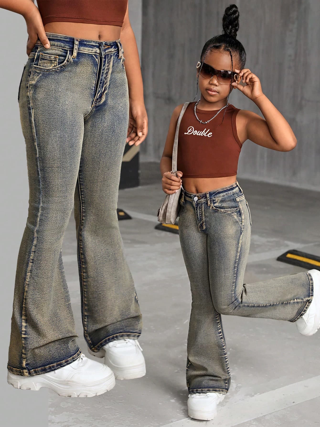 SHEIN SLAYR KIDS Tween Girl Y2K 2000s Retro Stonewashed Vintage Denim Flare Leg Jeans, Fall Back To School Streetwear