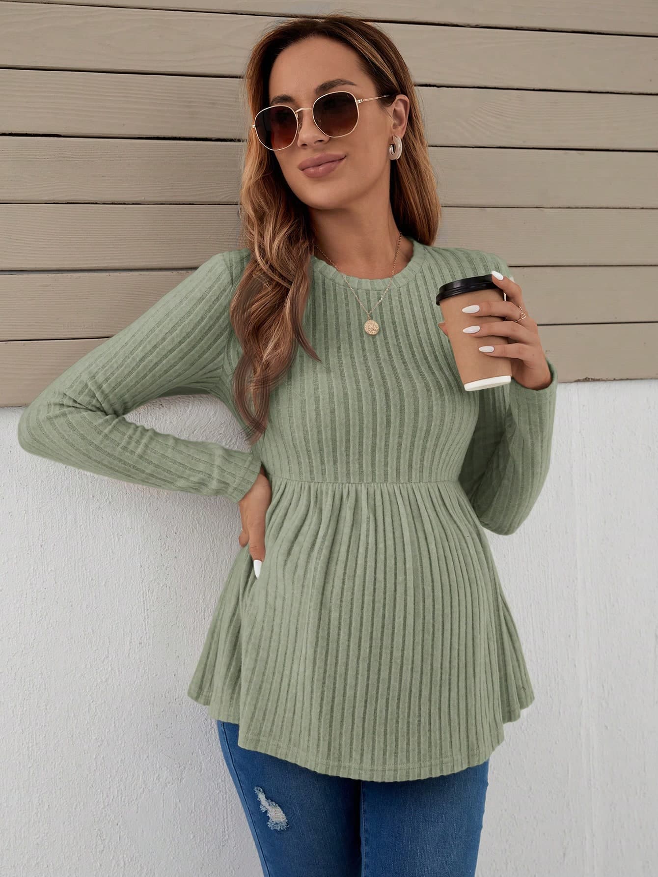 SHEIN Maternity Casual Solid Color Ruffle Hem Rib-Knit Long Sleeve Hem Rib-Knit T-Shirt World Cup Fall