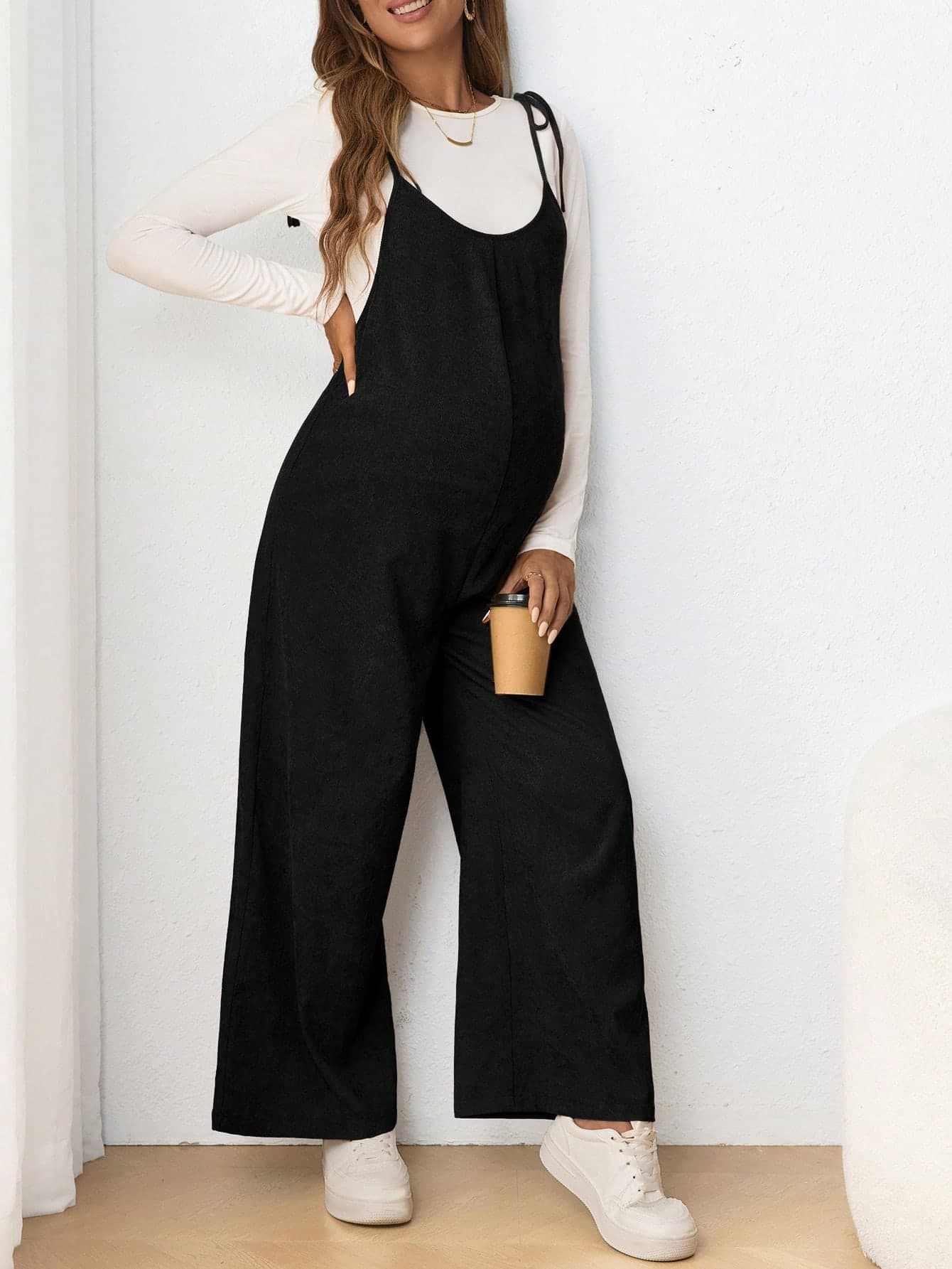 SHEIN Maternity Casual Spaghetti Strap Long Jumpsuit With Bow Tie, Pregnancy World Cup Fall