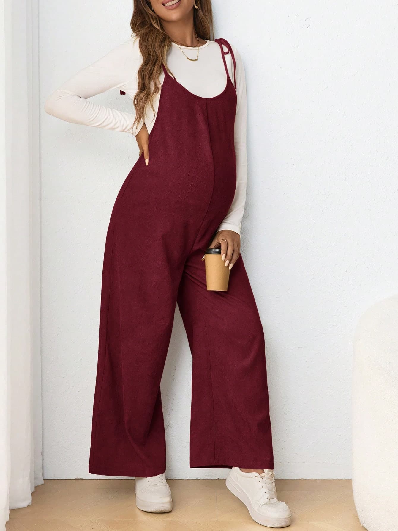 SHEIN Maternity Casual Strap Tie Bow Full Length Bodycon Jumpsuit Fall