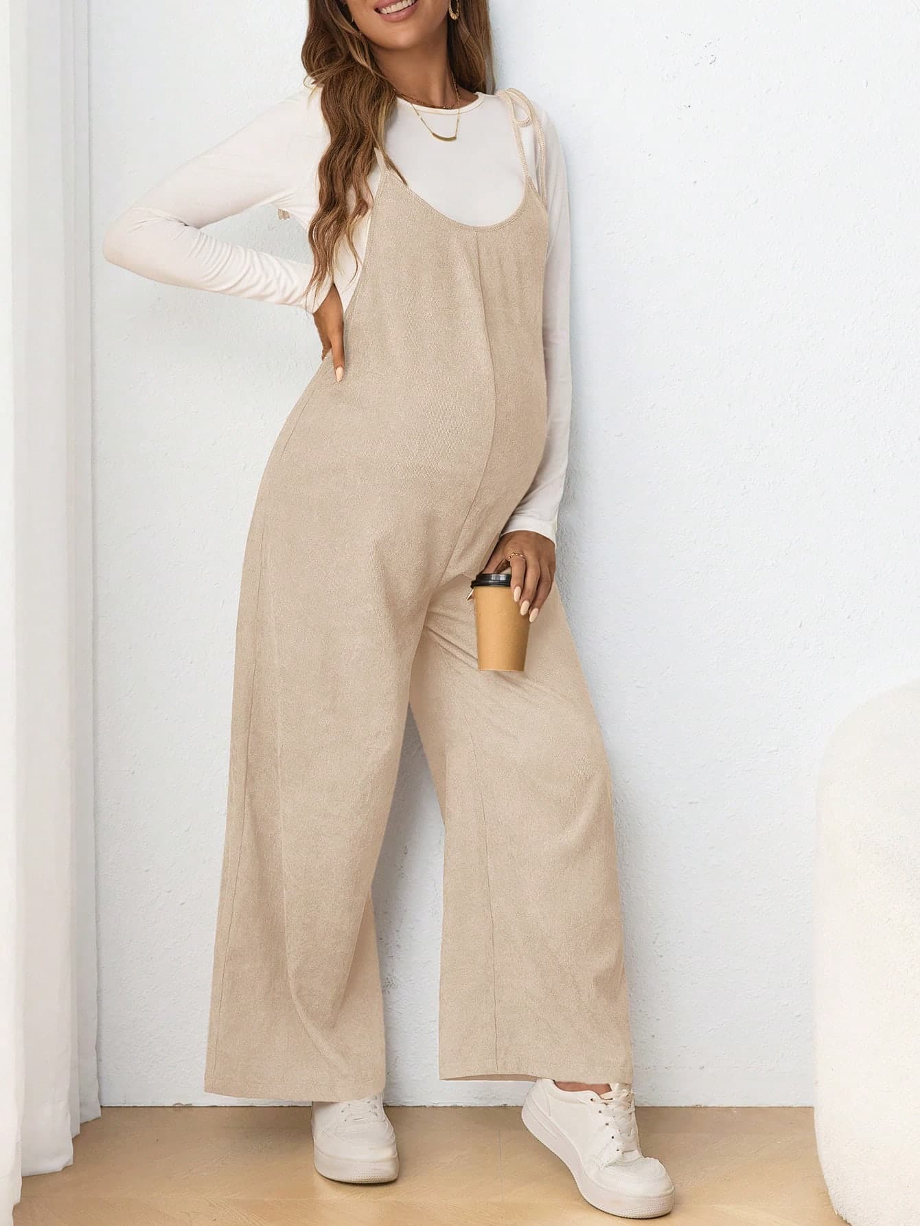 SHEIN Maternity Casual Spaghetti Strap Bow Tie Long Fitted Jumpsuit Fall