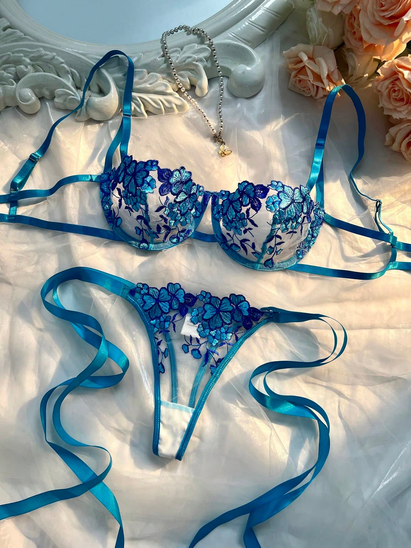 QuietHaus 2pcs/Set Sky Blue Embroidered Strap Ladies Sexy Lingerie Set