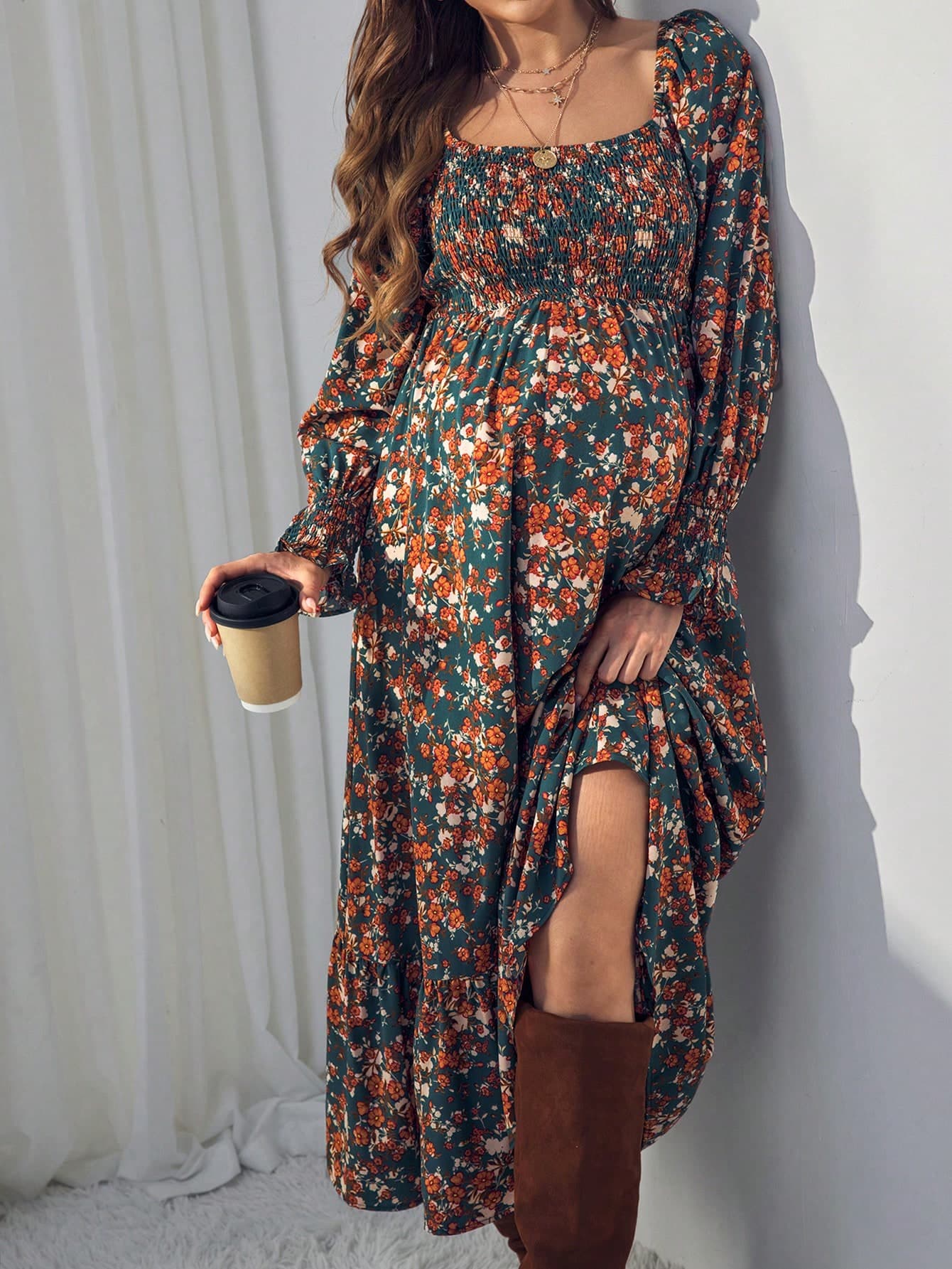 SHEIN Maternity Floral Print Square Neck Long Sleeve Ruffle Hem Dress For Spring And Fall