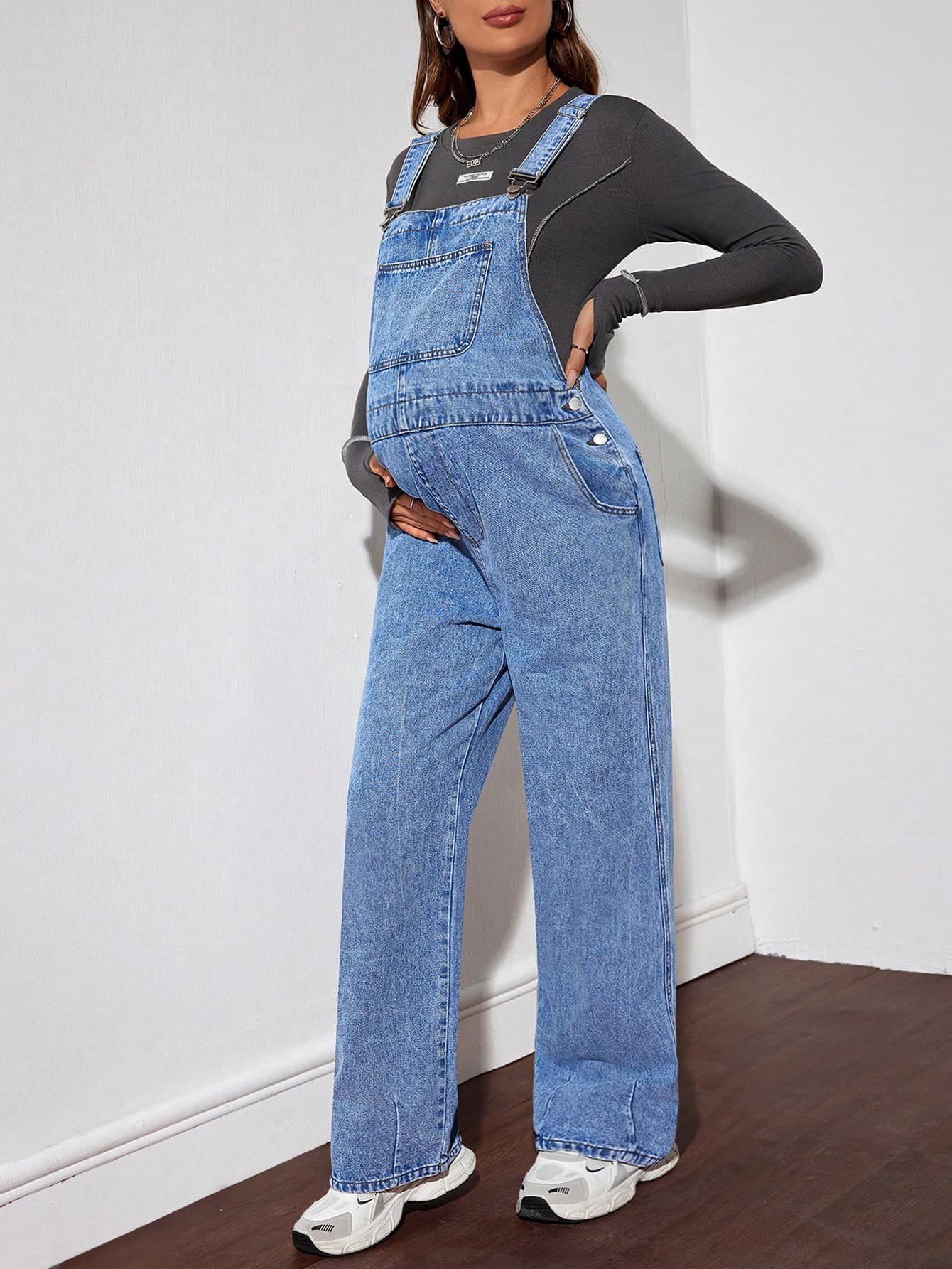 SHEIN Maternity Loose Fit Denim Bib Pants, Blue Women Mom Jeans Baggy Women Jeans,Baggy Vintage Jeans,Winter Women Pants Women's Casual Loose Wide-Leg Jeans