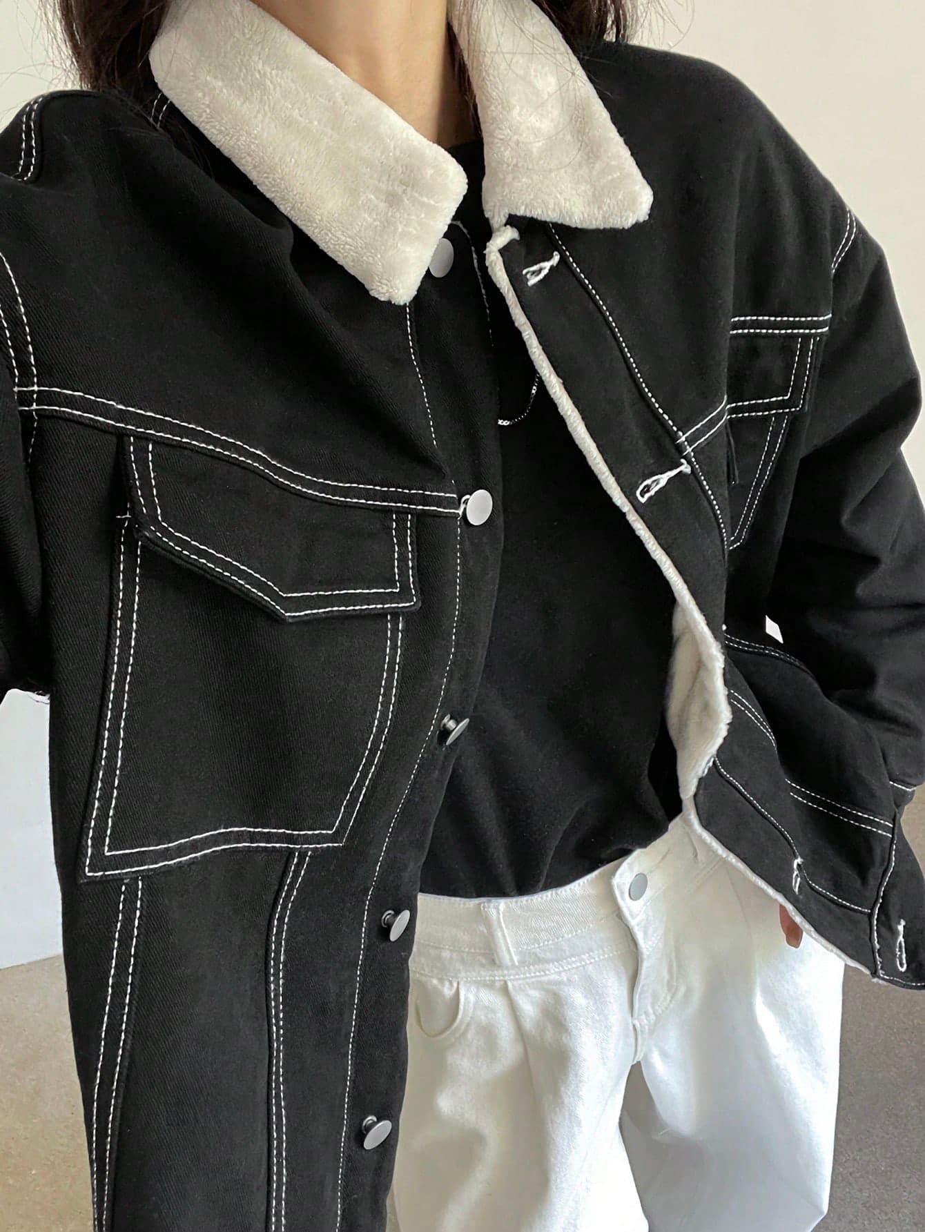 Dazy-Less Women's Front Button Long Sleeve Casual Thermal Lined Denim Jacket Old Money Style, Thermal Lined Fall, Winter