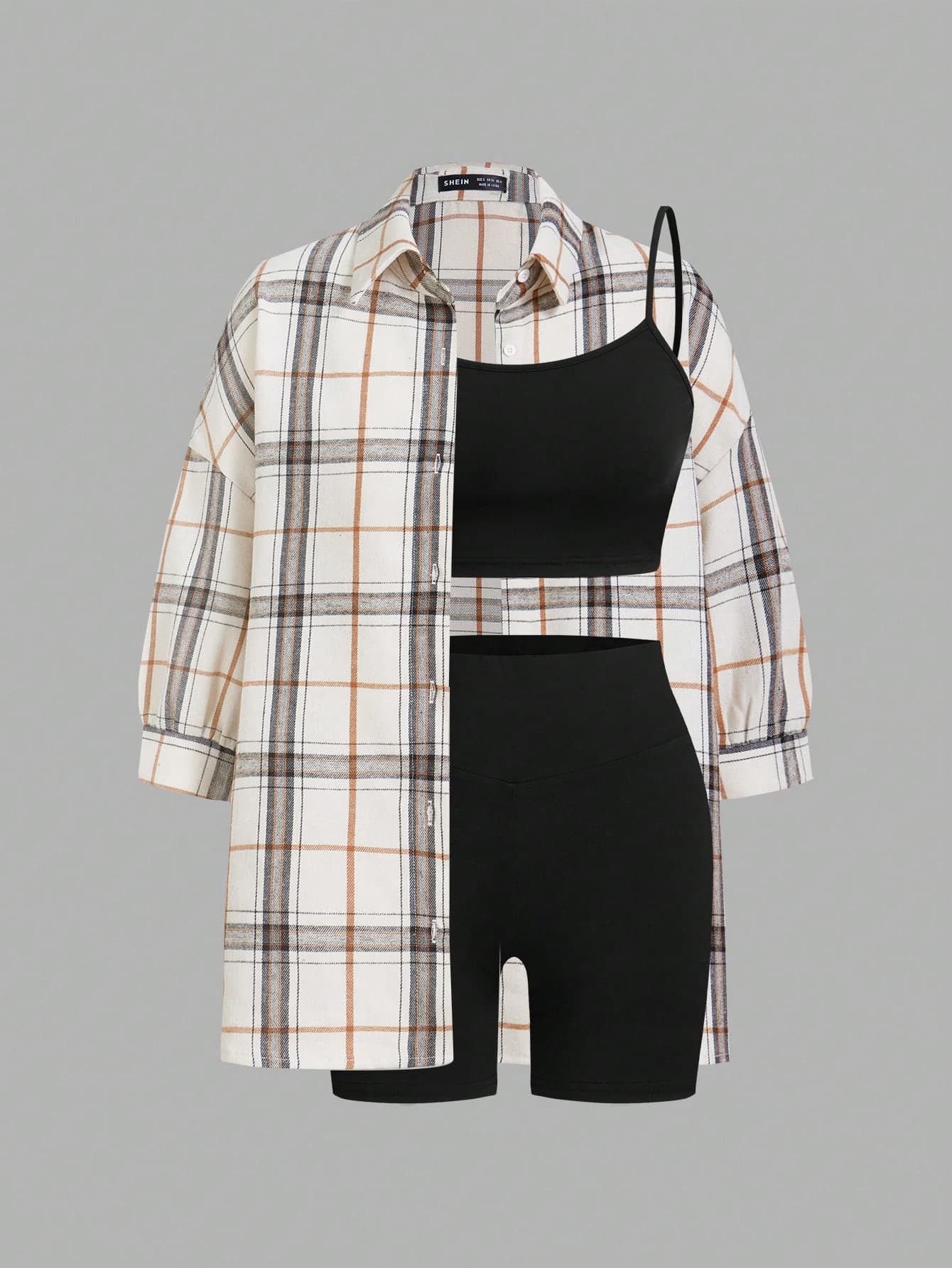 SHEIN Essnce Women's Casual Light Sports  Outfit, Sexy & Fashionable Outdoor Cycling Tennis Travel Top Top & Compression Shorts & Plaid Shirt 3pcs/Set