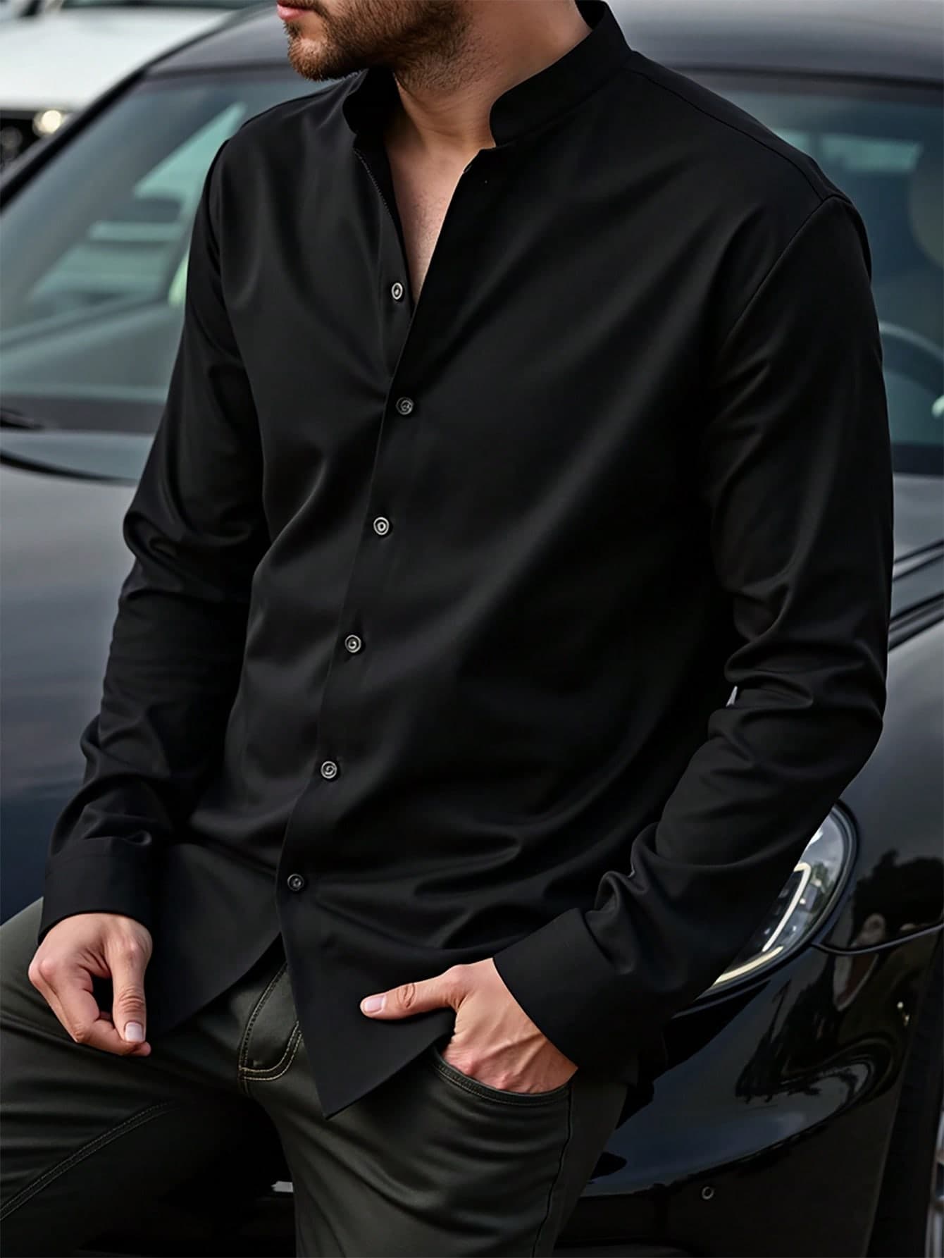 Calvornis Men's Solid Color Black Plain Long Sleeve Casual Formal Shirt, Spring And Autumn, For Boyfriend Gift, For Fall, Ceremony