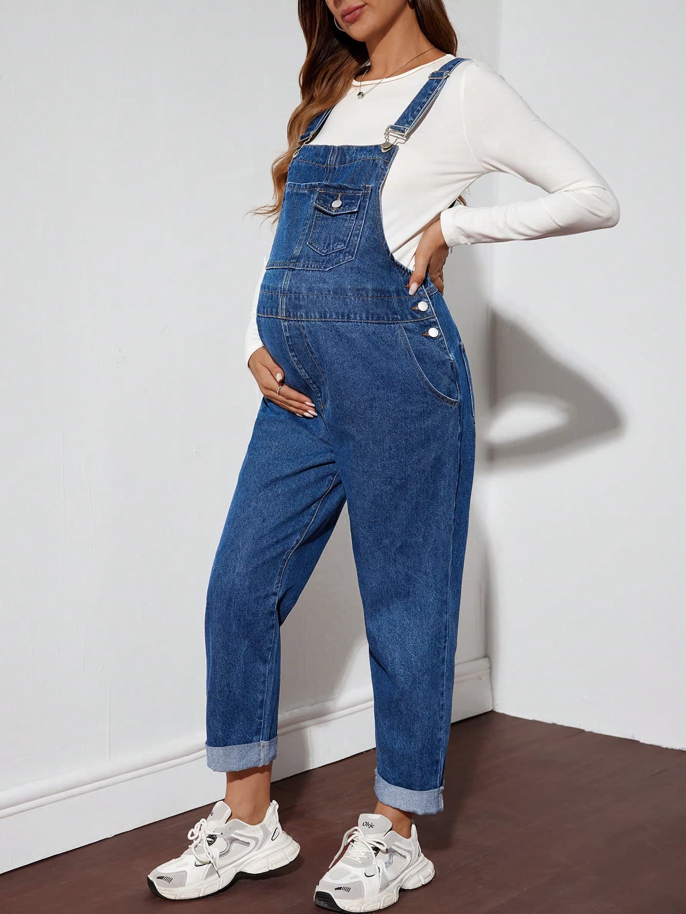 SHEIN Pregnant Women's Casual Loose Adjustable Strap Overalls In Blue, For Maternity