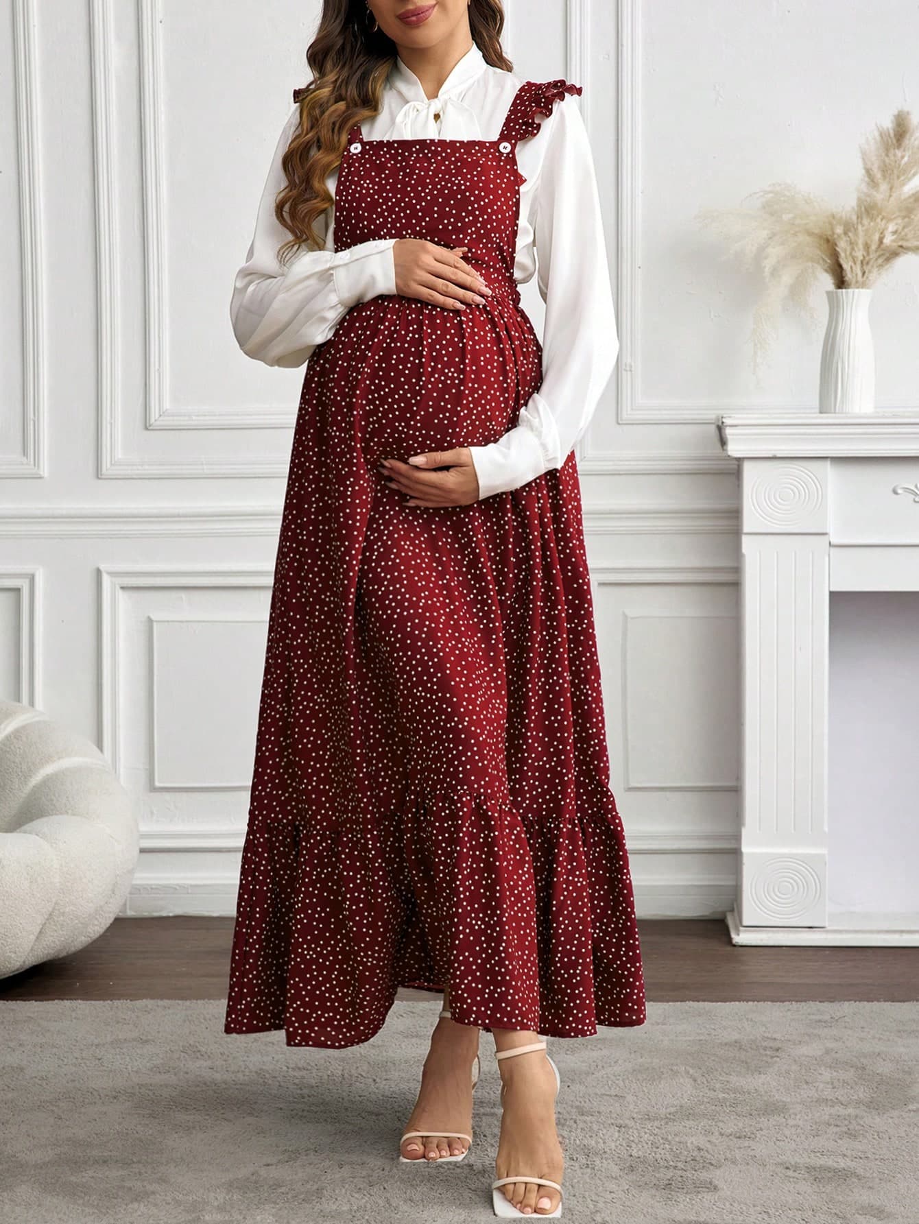 Momance Maternity Dress With Floral Print Lace Trim And Adjustable Shoulder Straps