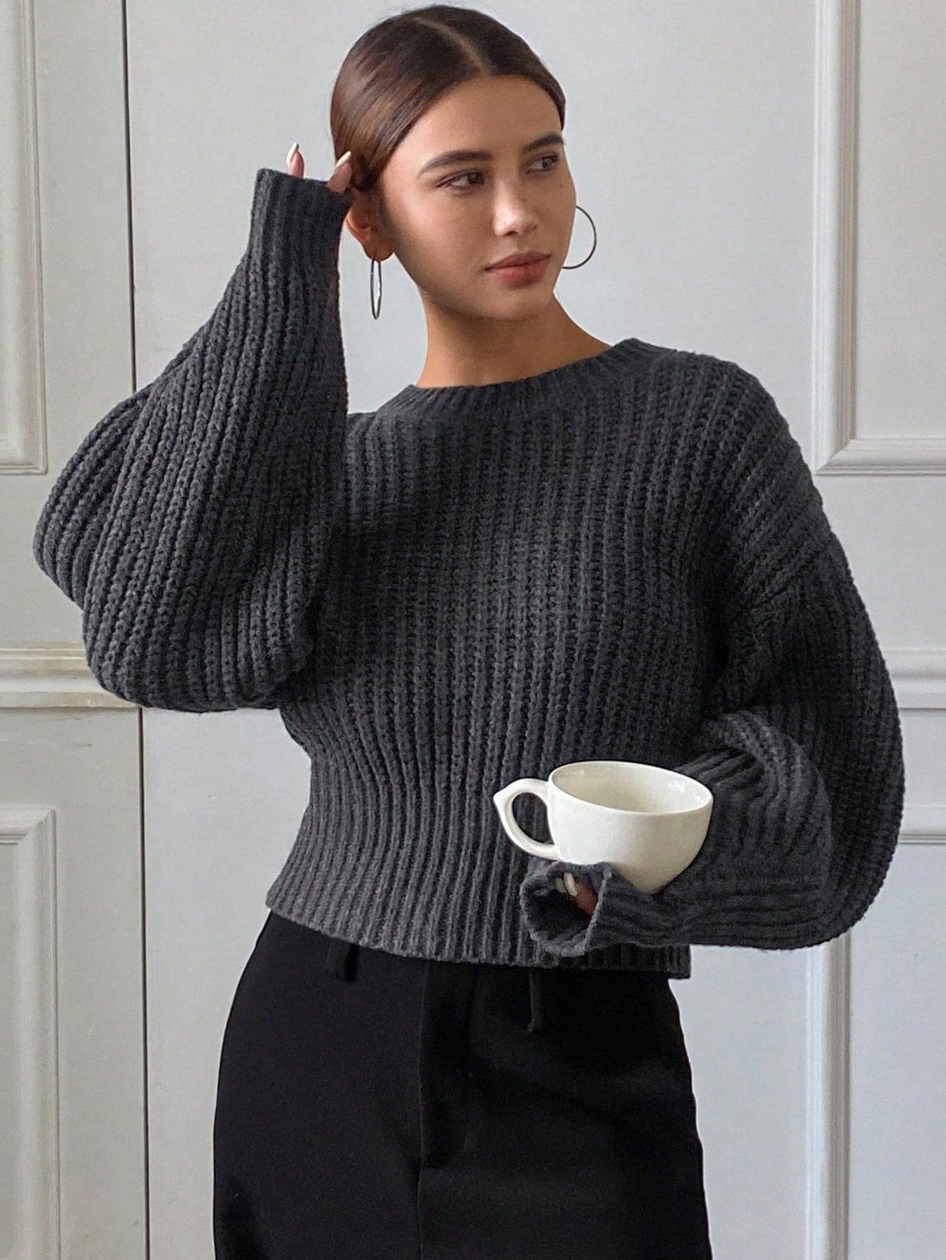 DAZY Women's Loose Fit Solid Color Crew Neck Long Sleeve Sweater,Fall Women Clothes