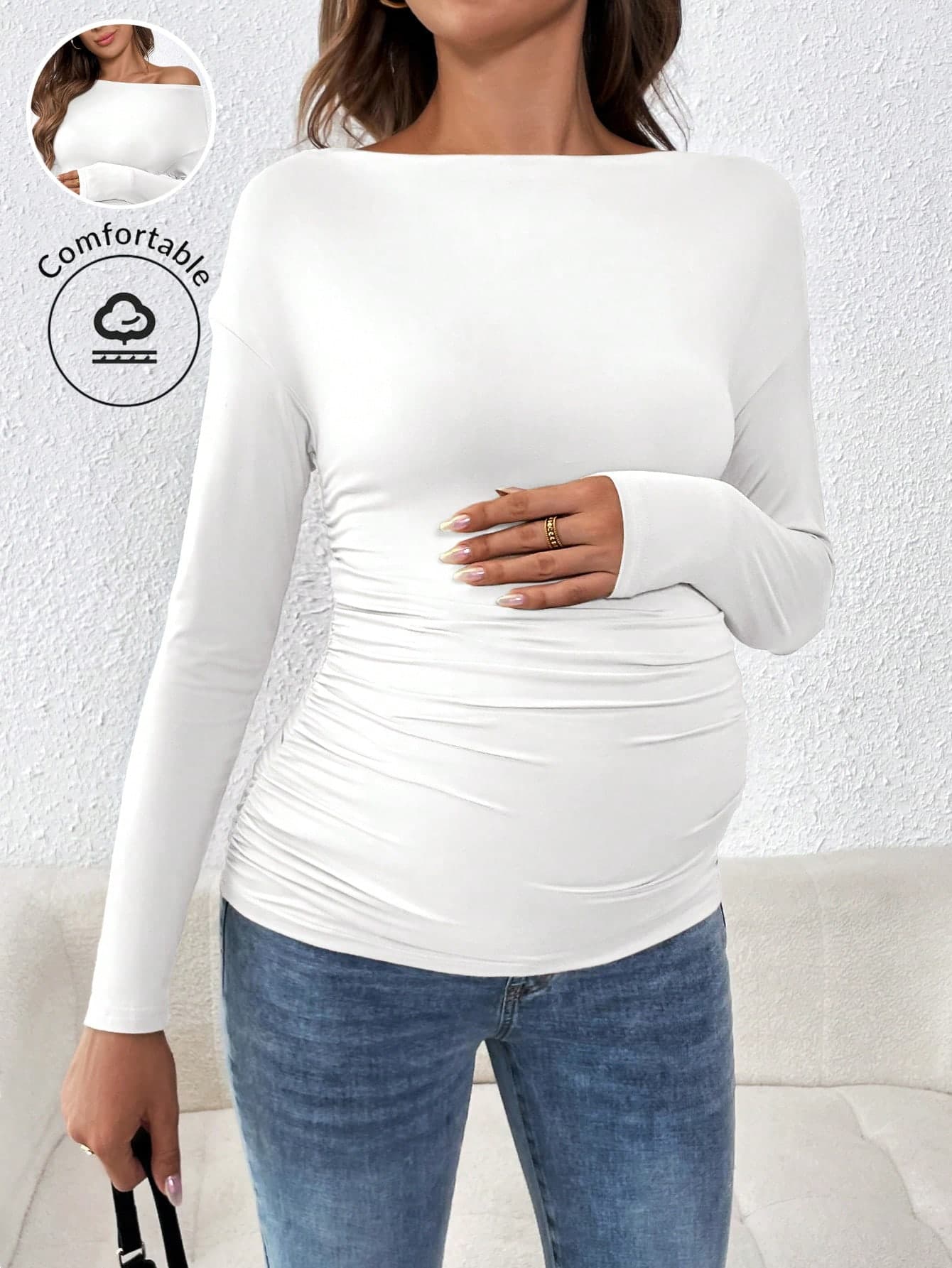 SHEIN Pregnant Women Autumn Casual Ruched Side Boat Neck Slim Fit Long Sleeve T-Shirt, For Maternity Fall