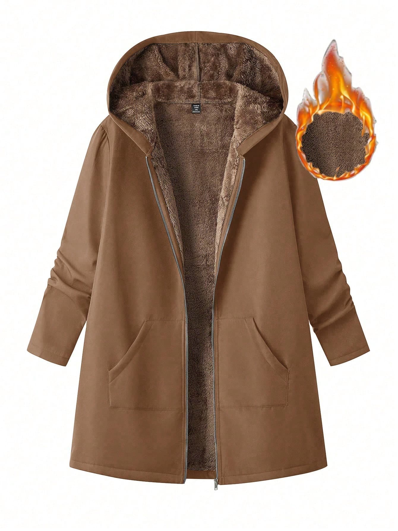 Plus Size Winter Hooded Jacket With Pockets, Thermal Lined Fall Cloth For Women Autumn