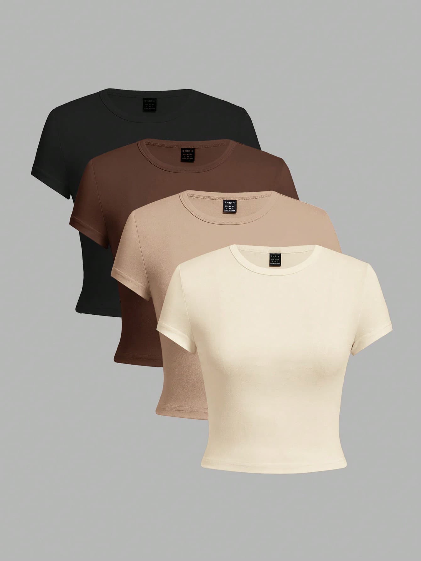SHEIN EZwear 4pcs Set Women Crew Neck Short Sleeve Fitted T-Shirts, Suitable For Summer Suitable For Going Out