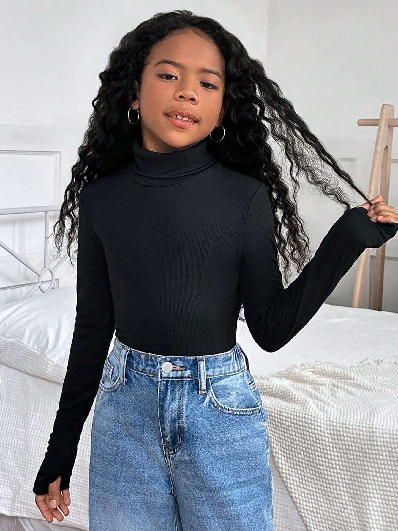 SHEIN Tween Girls' Casual Solid Color Knit High Neck Long Sleeve Top