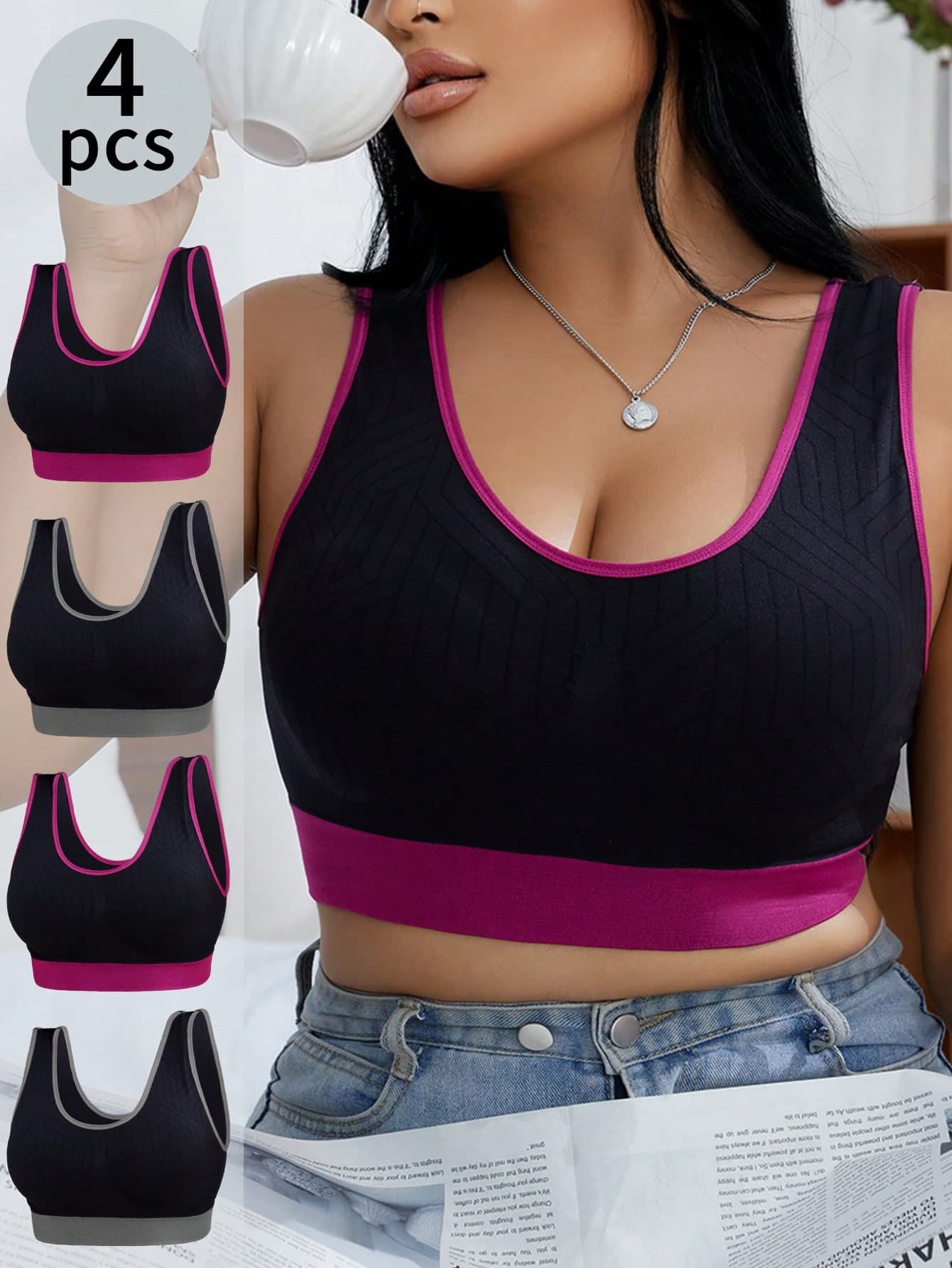 4pcs/Set Contrast Binding Seamless Plus Size Brassiere