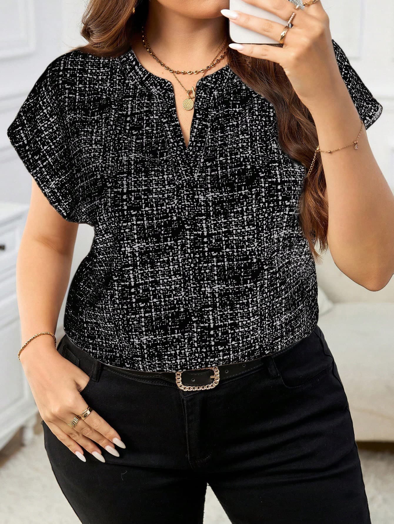 SHEIN Clasi Plus Size Elegant & Fashionable Women's Floral Print Shirt, Suitable For Office/Teacher Wear For Summer