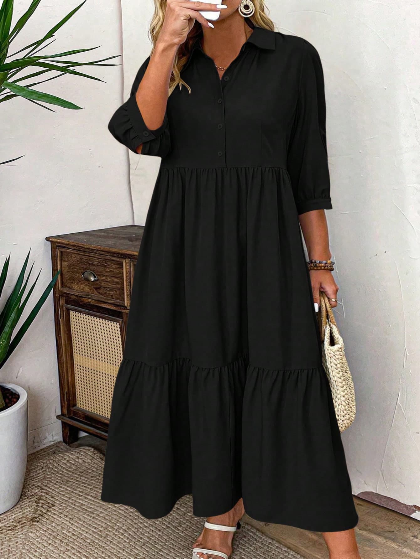 SHEIN LUNE Plus Size Solid Color Mid-Length Sleeve Ruched Front Button Simple Casual Dress, For Thanksgiving Maxi Women Outfit BASICS Fall