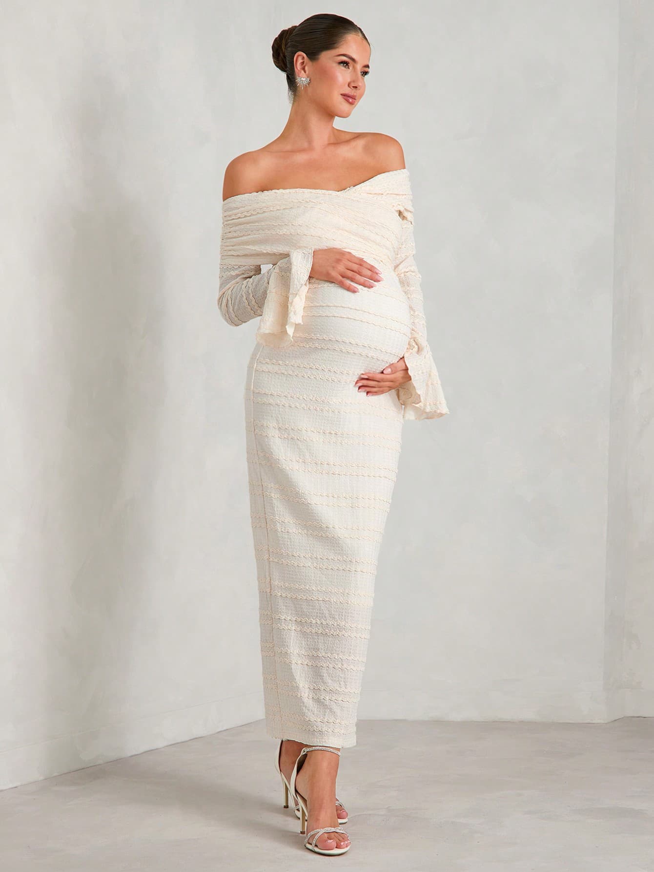 MaterniChic Maternity Solid Off-Shoulder Textured Fabric Long Sleeve Dress, Suitable For Parties, Weddings, Galas, Baby Showers, Spring/Autumn Fall