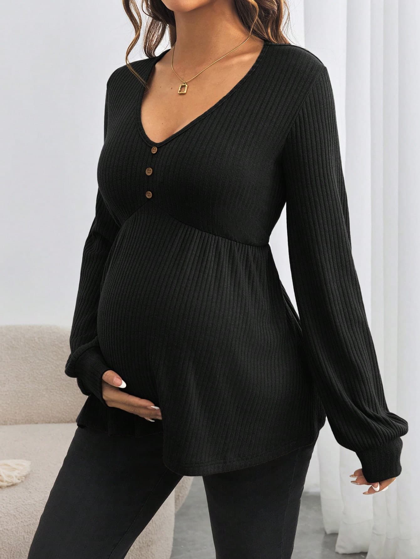SHEIN Maternity V-Neck Button-Down Long Sleeve Loose Fit Pregnancy T-Shirt Fall