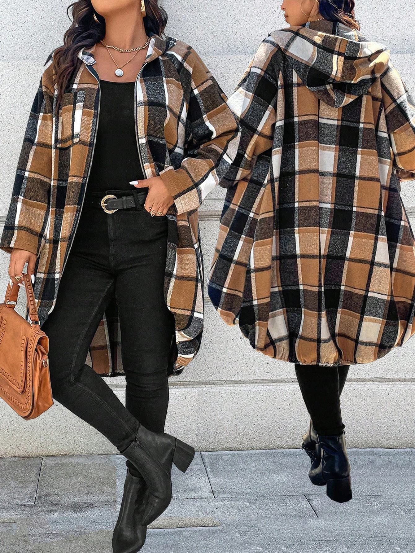 EMERY ROSE Plus Size Women's Printed Raglan Sleeve Zip-Up Hooded Long Plaid Fall Coat Winter Autumn