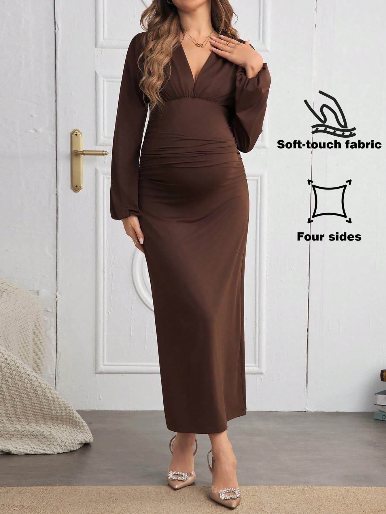 SHEIN Maternity  Baby Shower Women's Dress With Sleeves Solid Color V-Neck Pleated Dress Fall